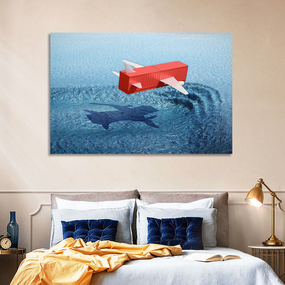 Flying Shipping Container Wall Art in a room, landscape