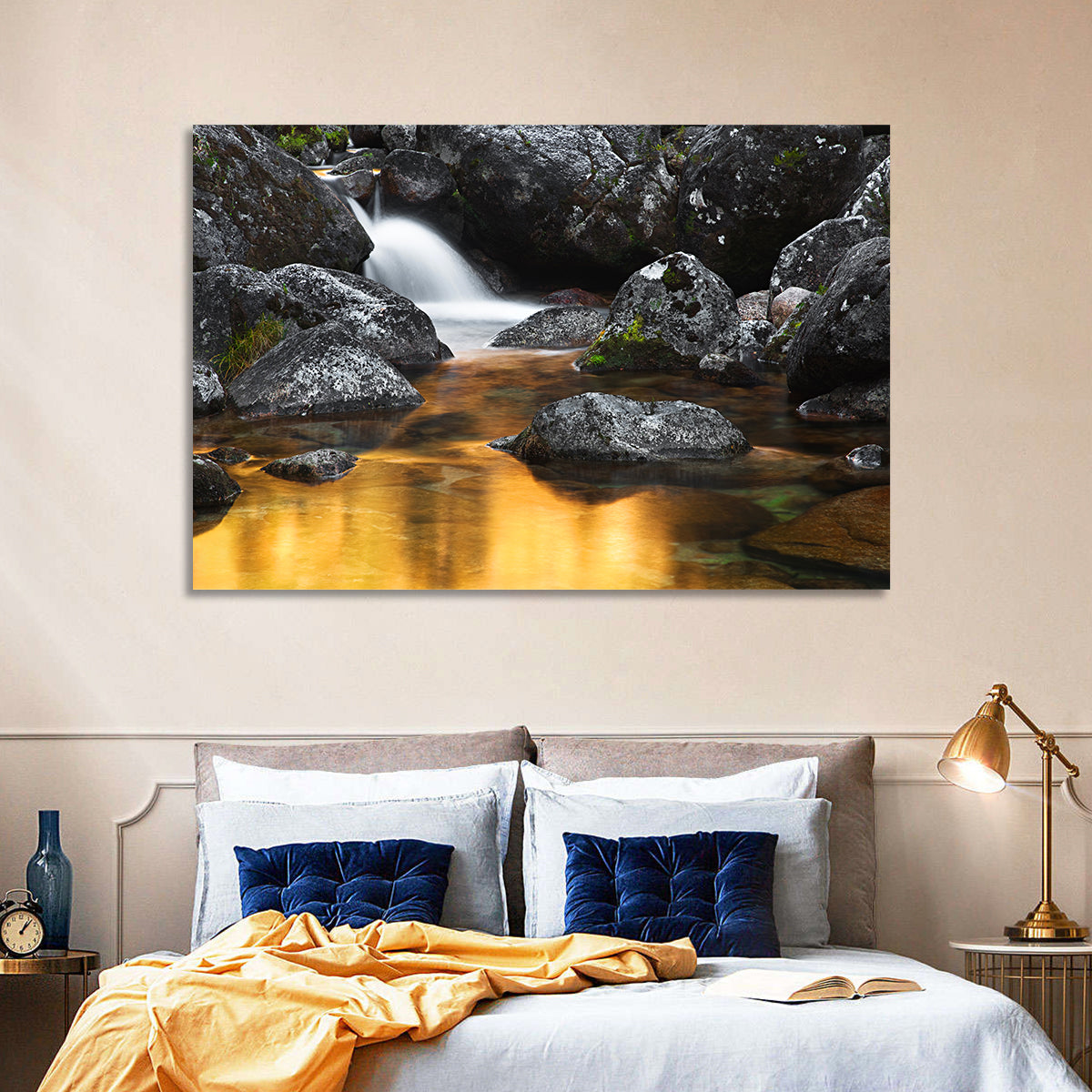 Golden Stream Waterfall Wall Art in a room, landscape