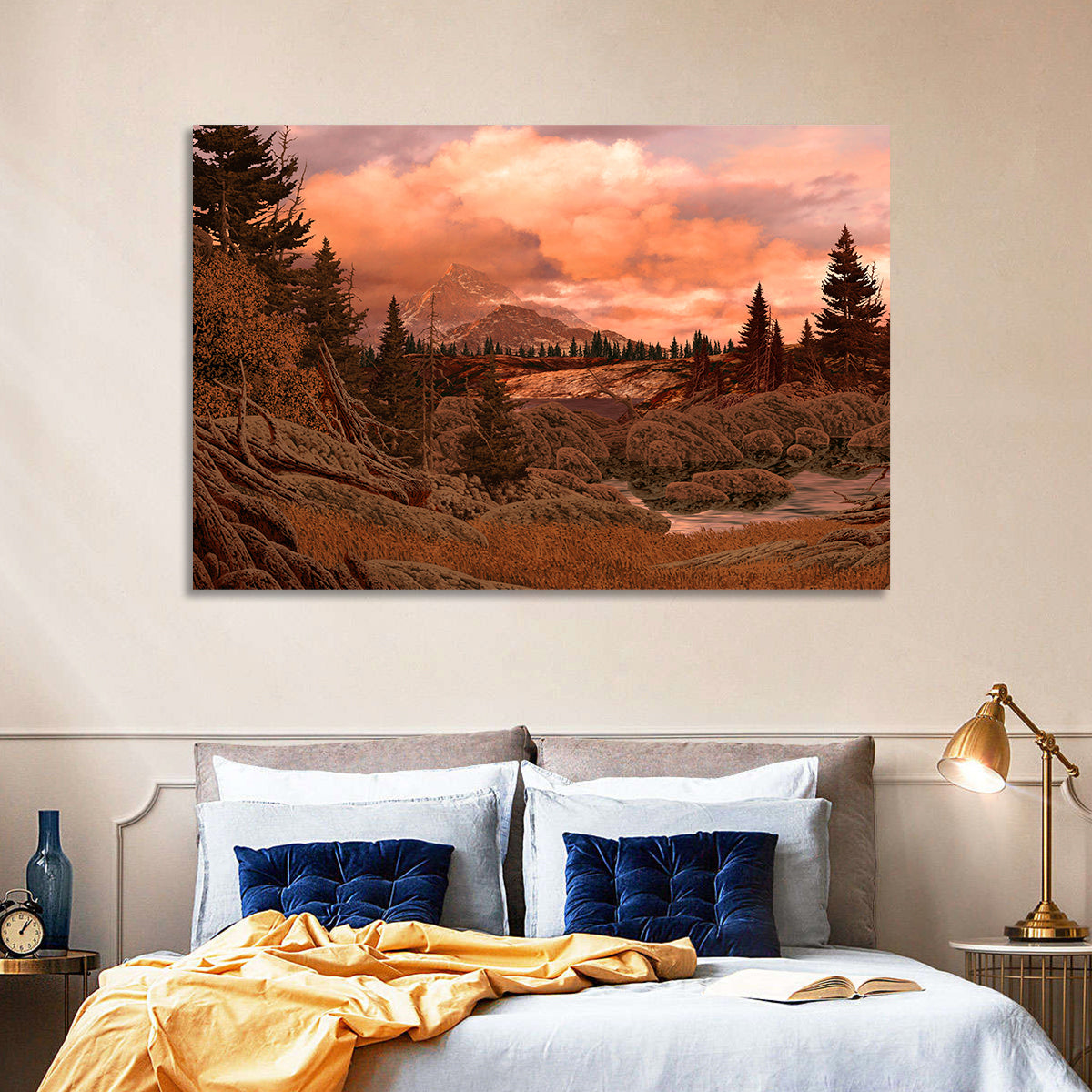 Rocky Mountain Lake at Dusk Wall Art in a room, landscape