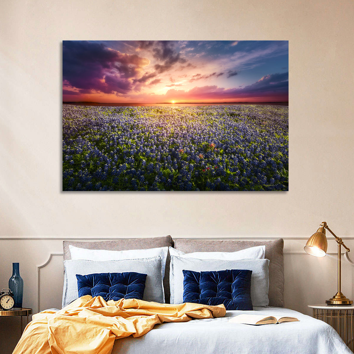 Texas Bluebonnet Sunset Wall Art in a room, landscape