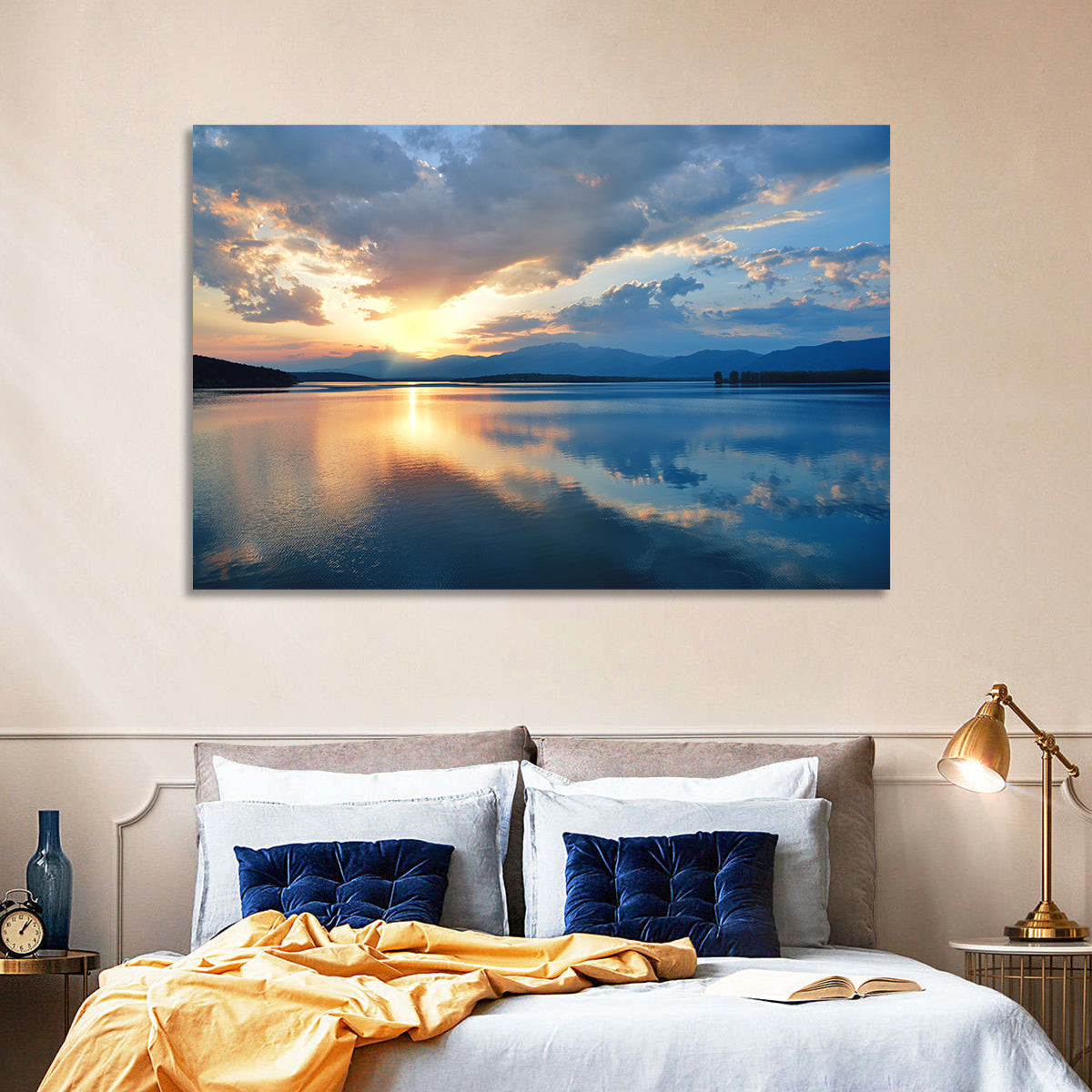 Golden Hour Lake Reflection Wall Art in a room, landscape