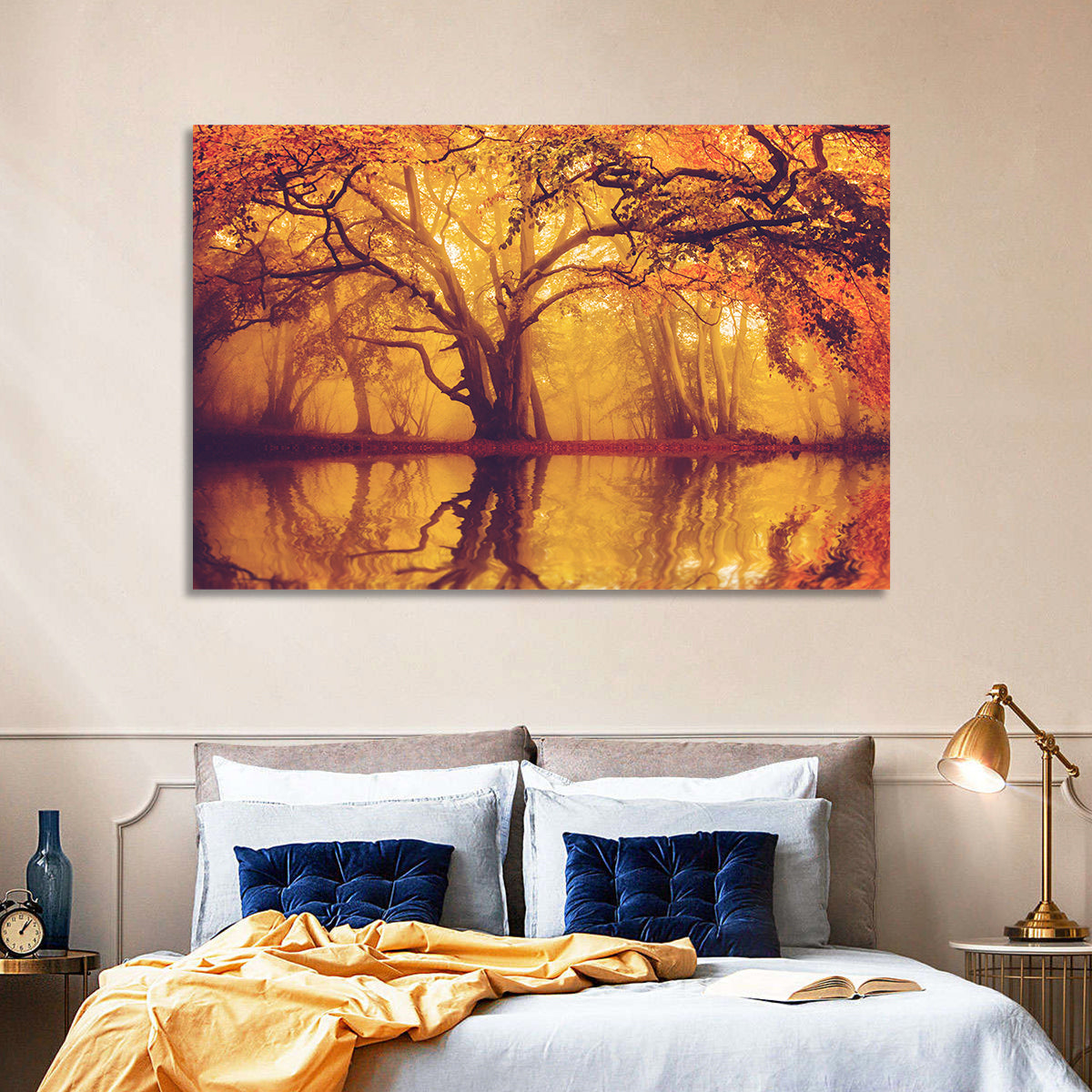 Golden Mist Forest Reflection Wall Art in a room, landscape