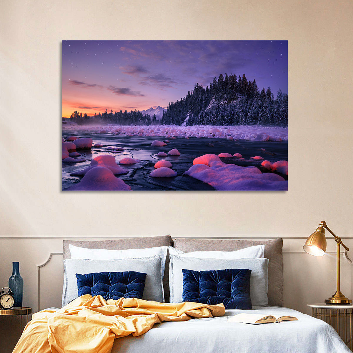 Twilight River and Snowy Pines Wall Art in a room, landscape
