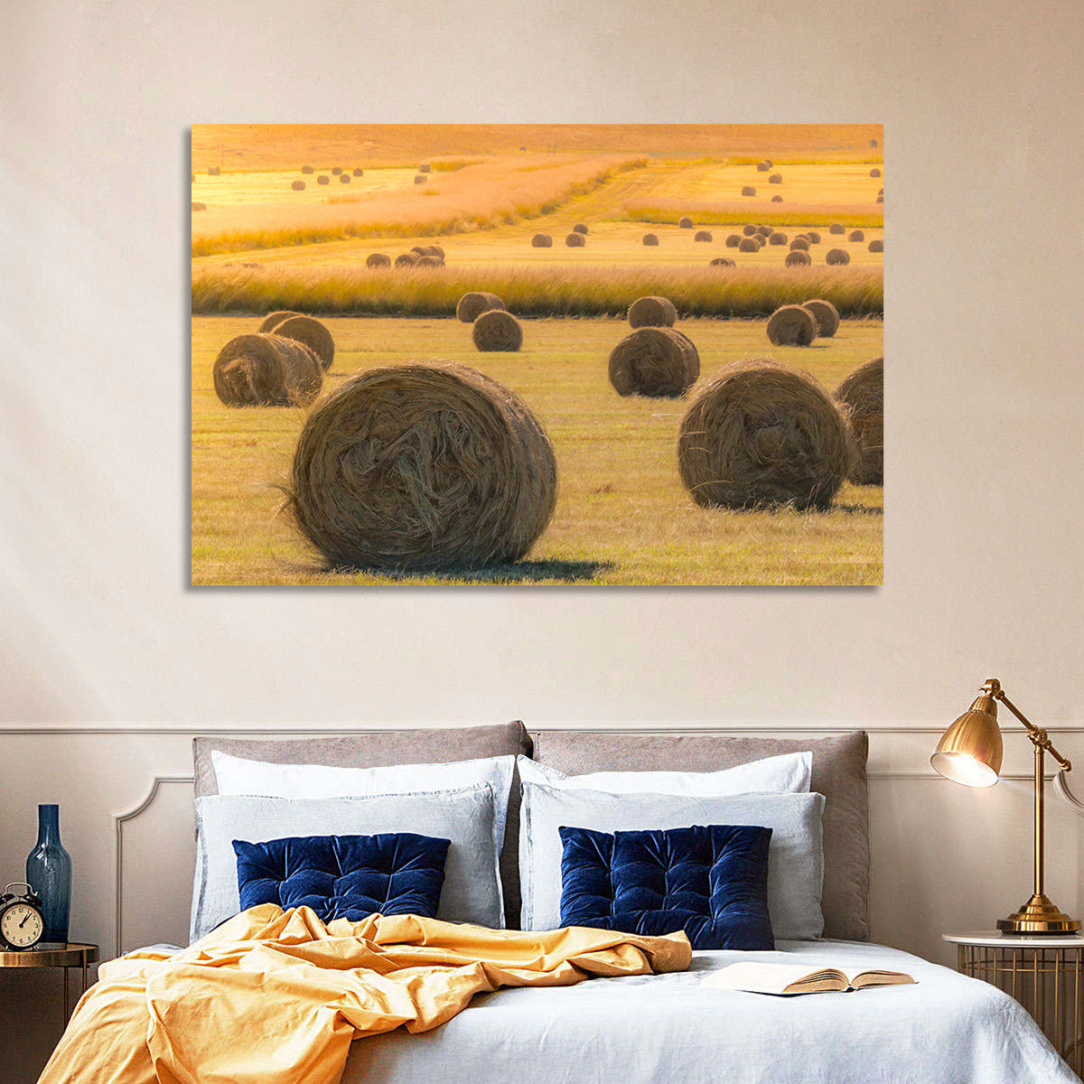 Hay Bales at Golden Hour Wall Art in a room, landscape