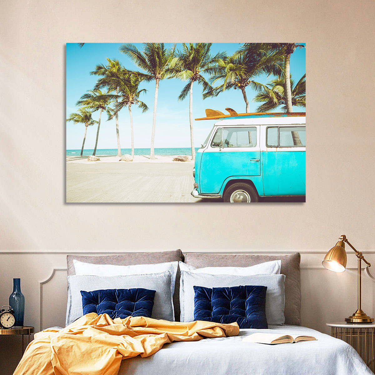 Vintage Vw Bus on Tropical Beach Wall Art in a room, landscape