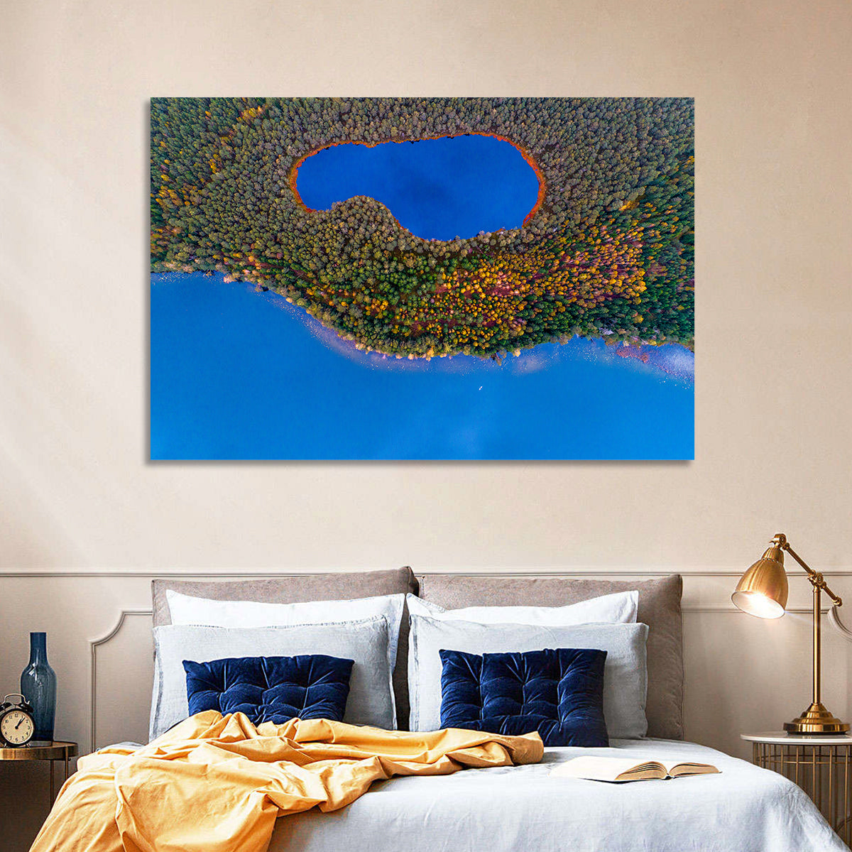 Autumn Forest Lake Wall Art in a room, landscape