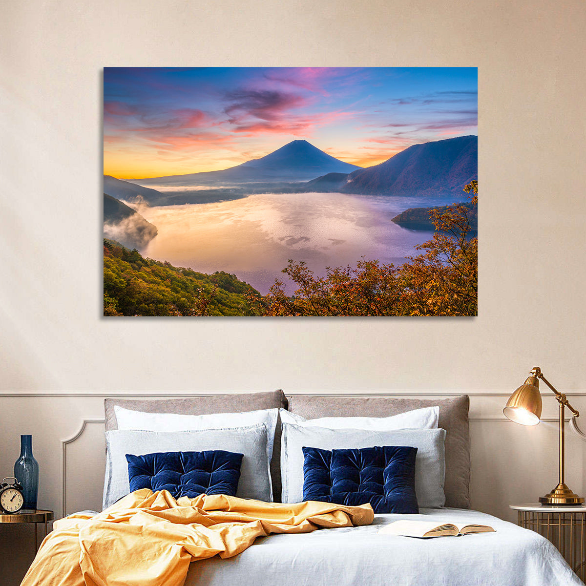 Mount Fuji at Lake Motosu, Autumn Sunrise Wall Art in a room, landscape