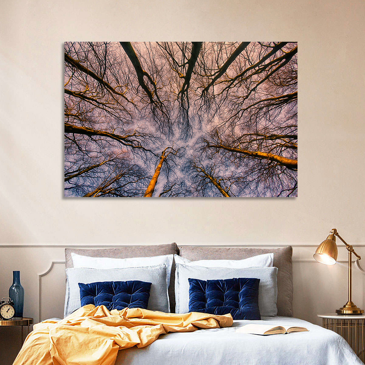 Misty Forest Canopy Wall Art in a room, landscape