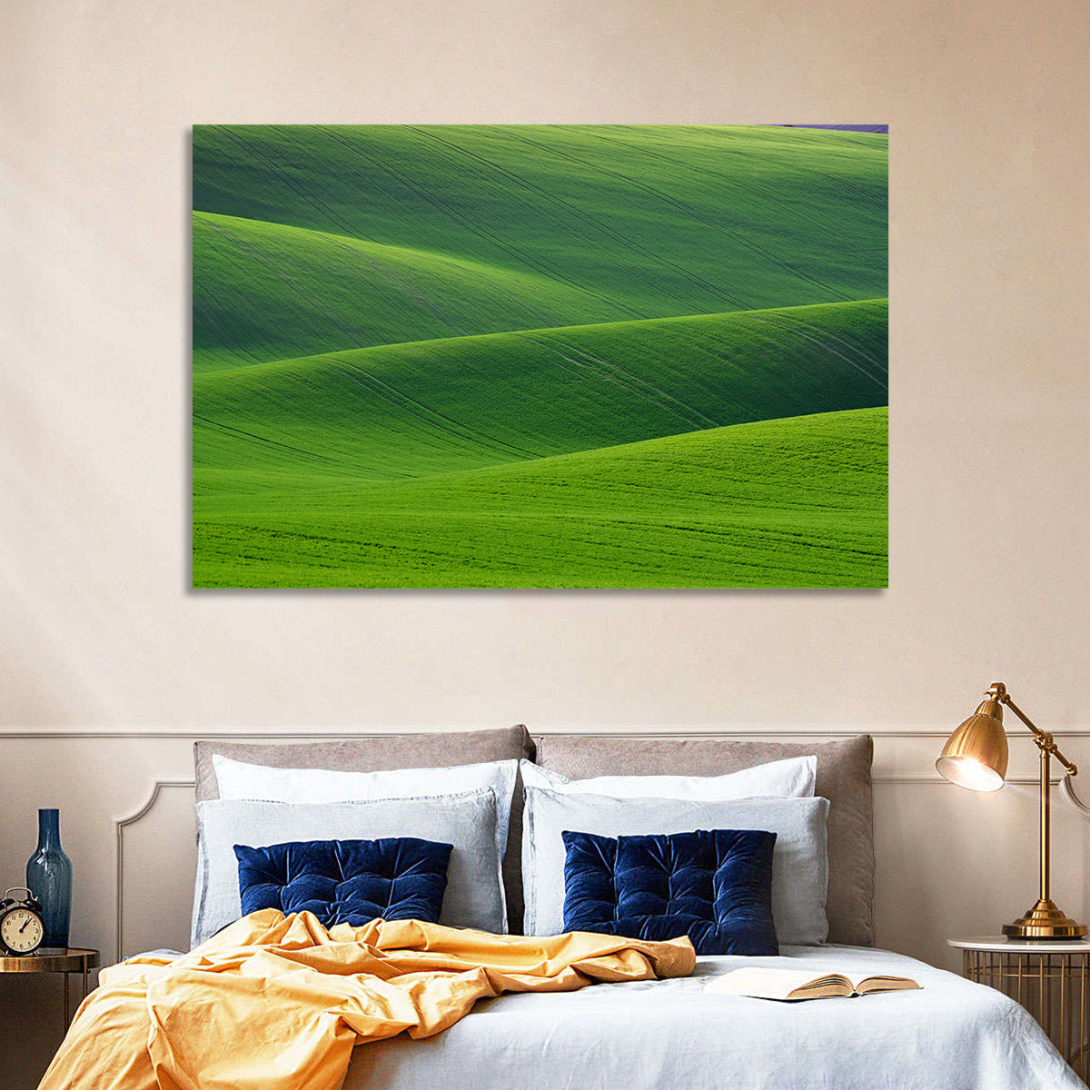 Rolling Emerald Wheat Fields Wall Art in a room, landscape