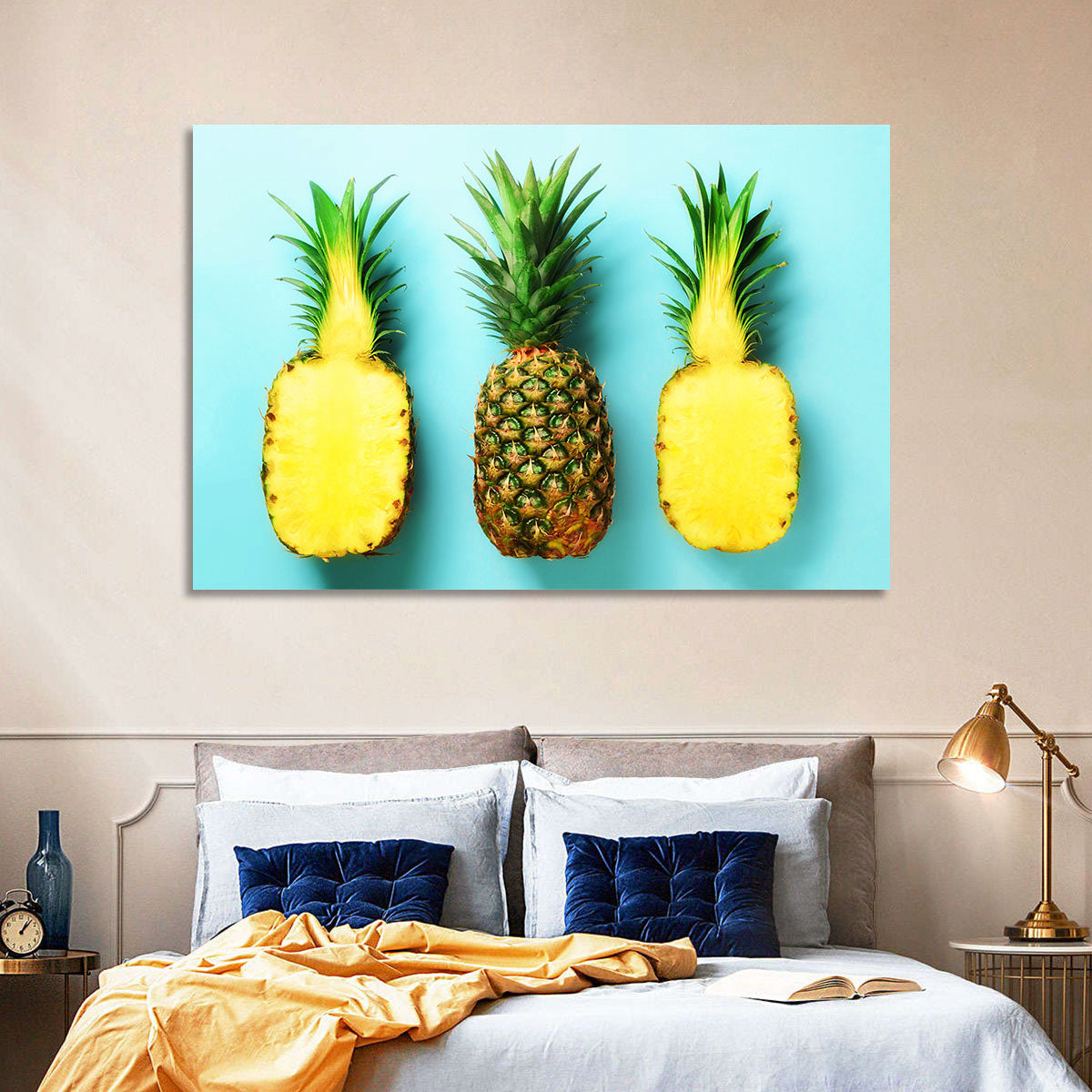 Three Pineapples Minimalist Design Wall Art in a room, landscape