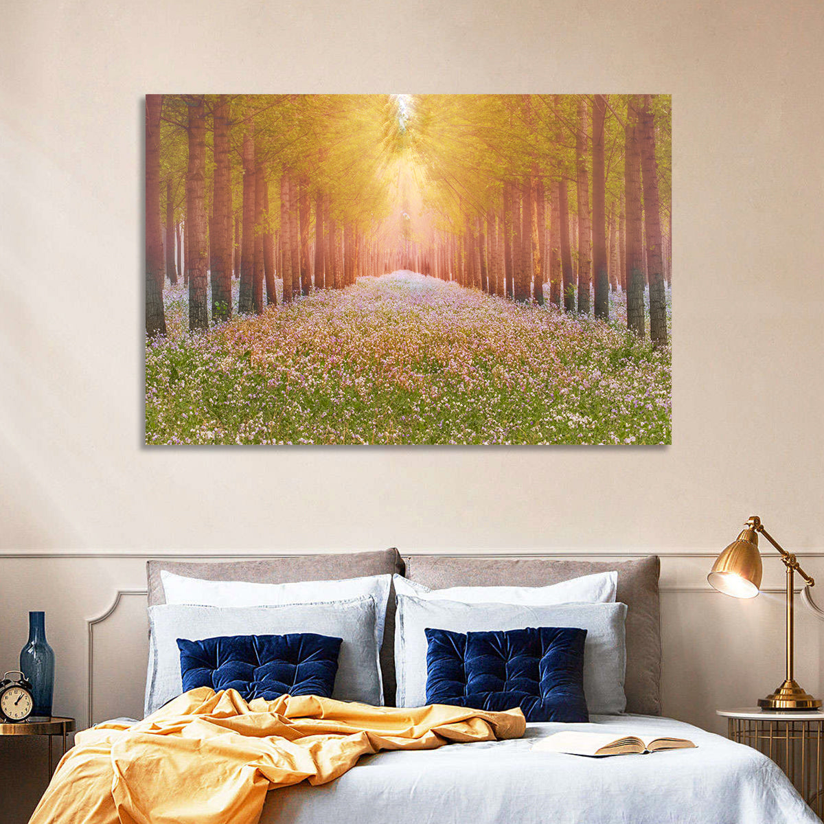 Golden Morning Forest Path Wall Art in a room, landscape