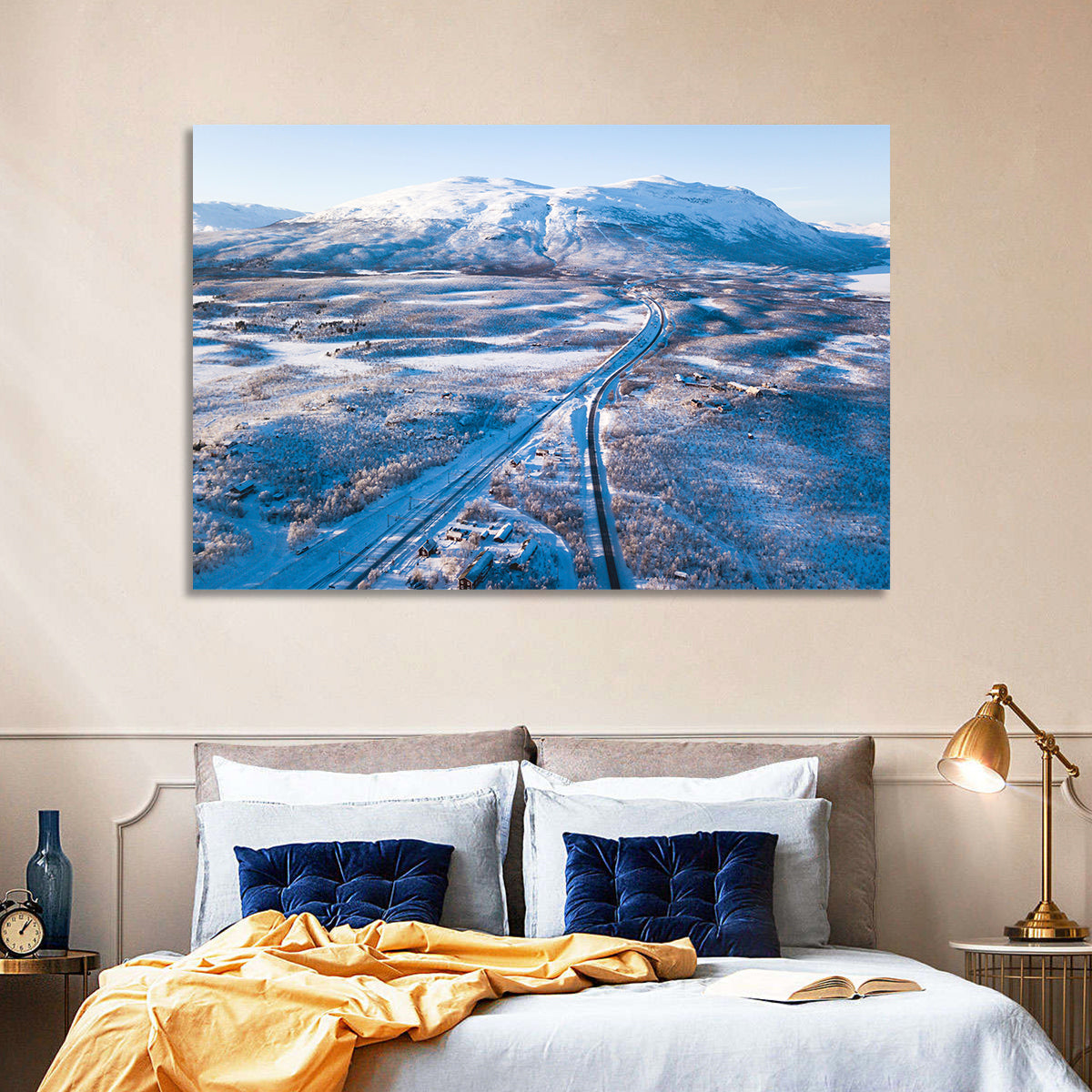 Snowy Valley with Parallel Tracks Wall Art in a room, landscape