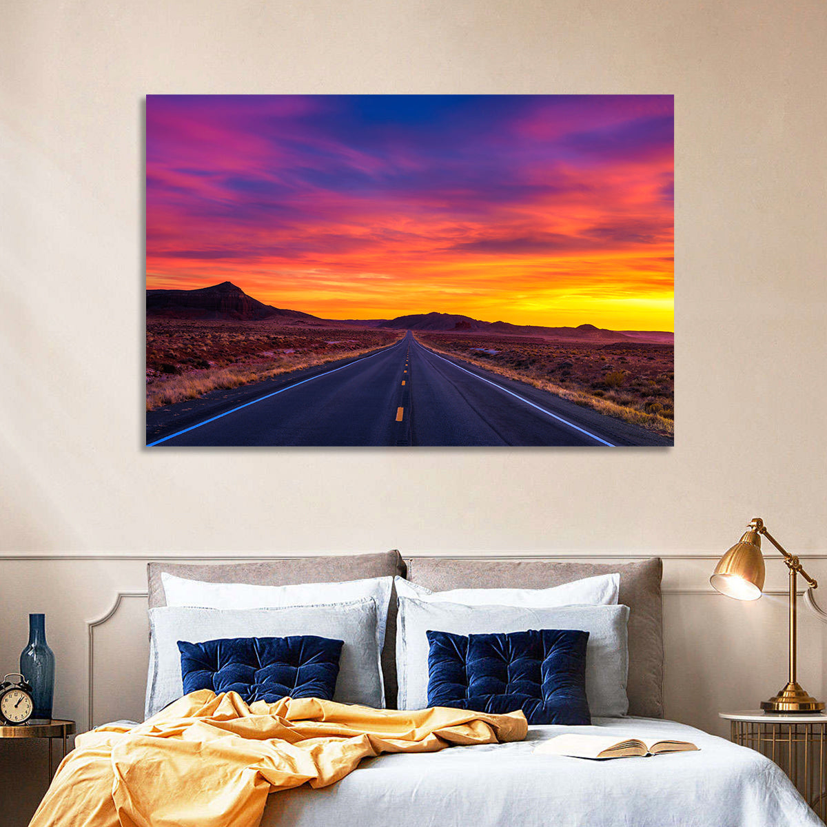 Infinite Desert Road Sunset Wall Art in a room, landscape