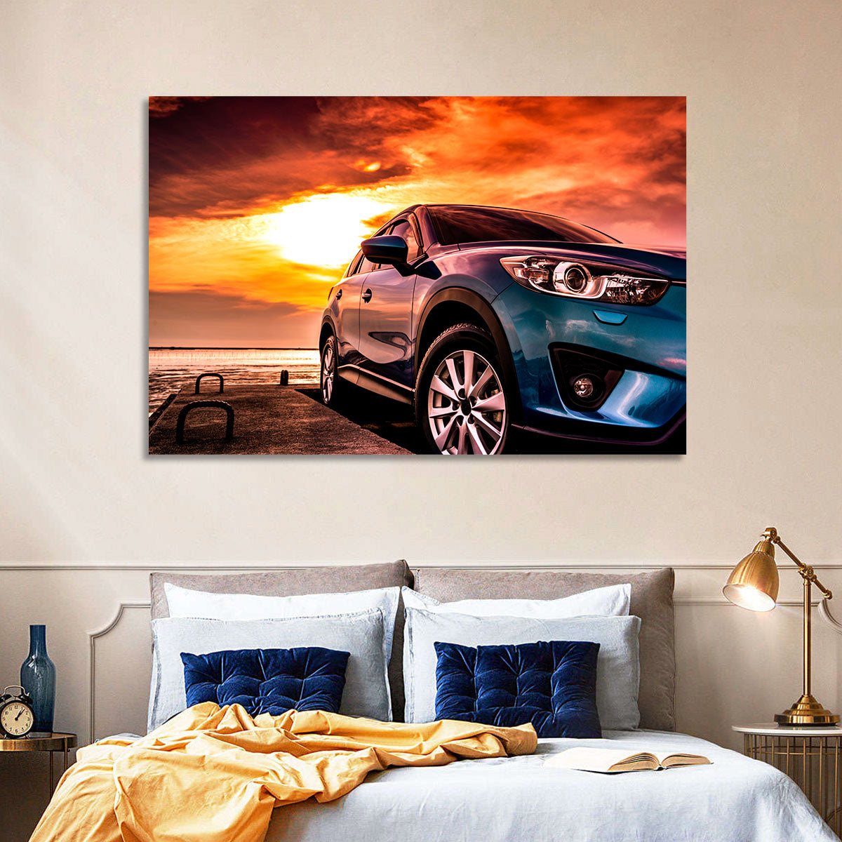 Suv on Pier at Sunset Wall Art in a room, landscape