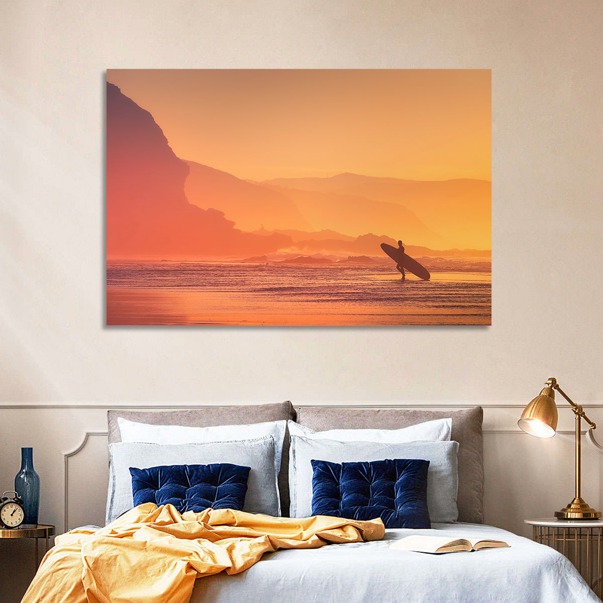 Surfer Silhouette at Golden Sunset Wall Art