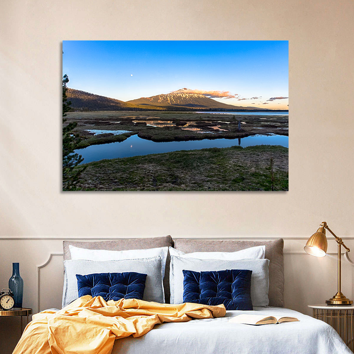 Mount Bachelor Moonlit Sunset Wall Art in a room, landscape