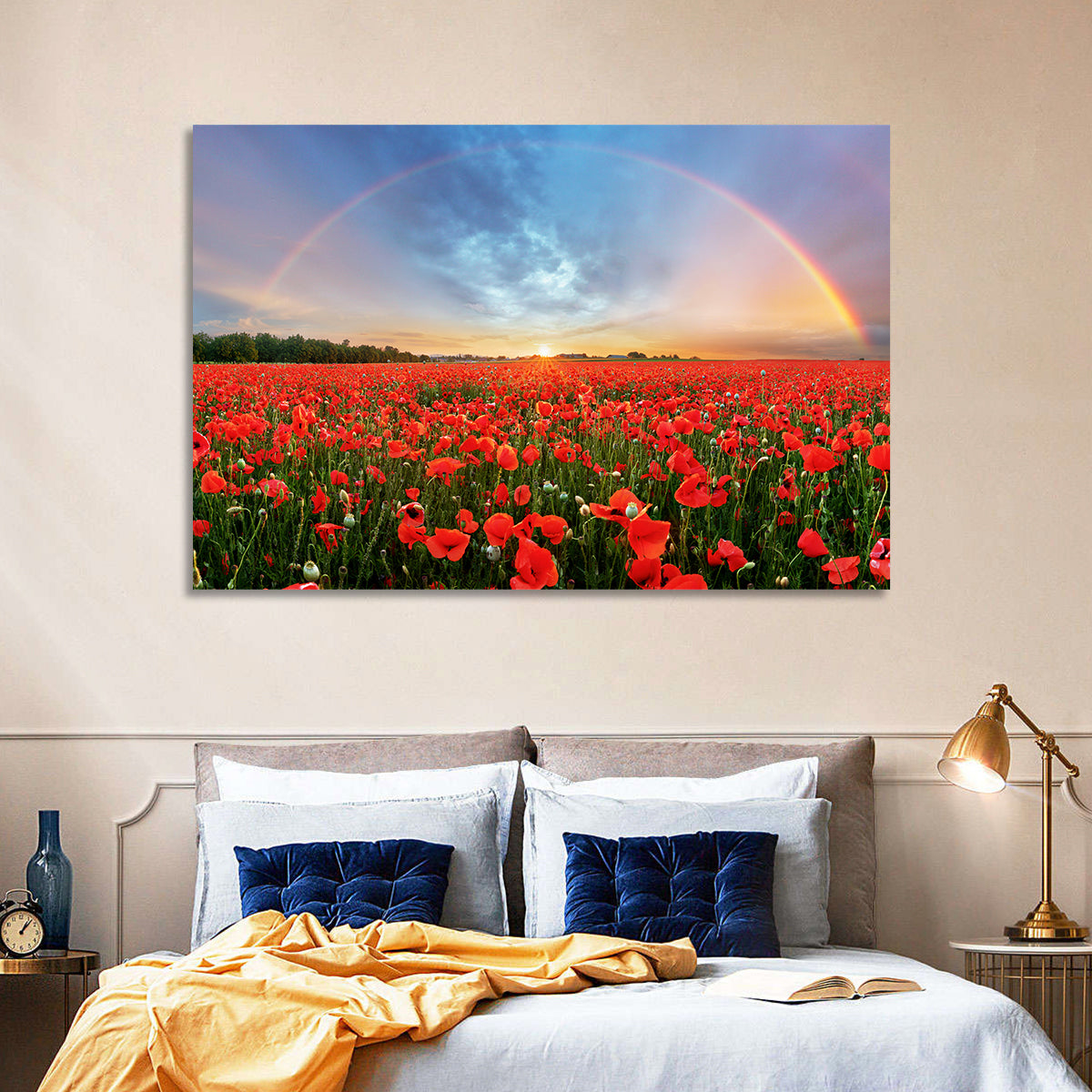 Poppy Field with Double Rainbow Wall Art