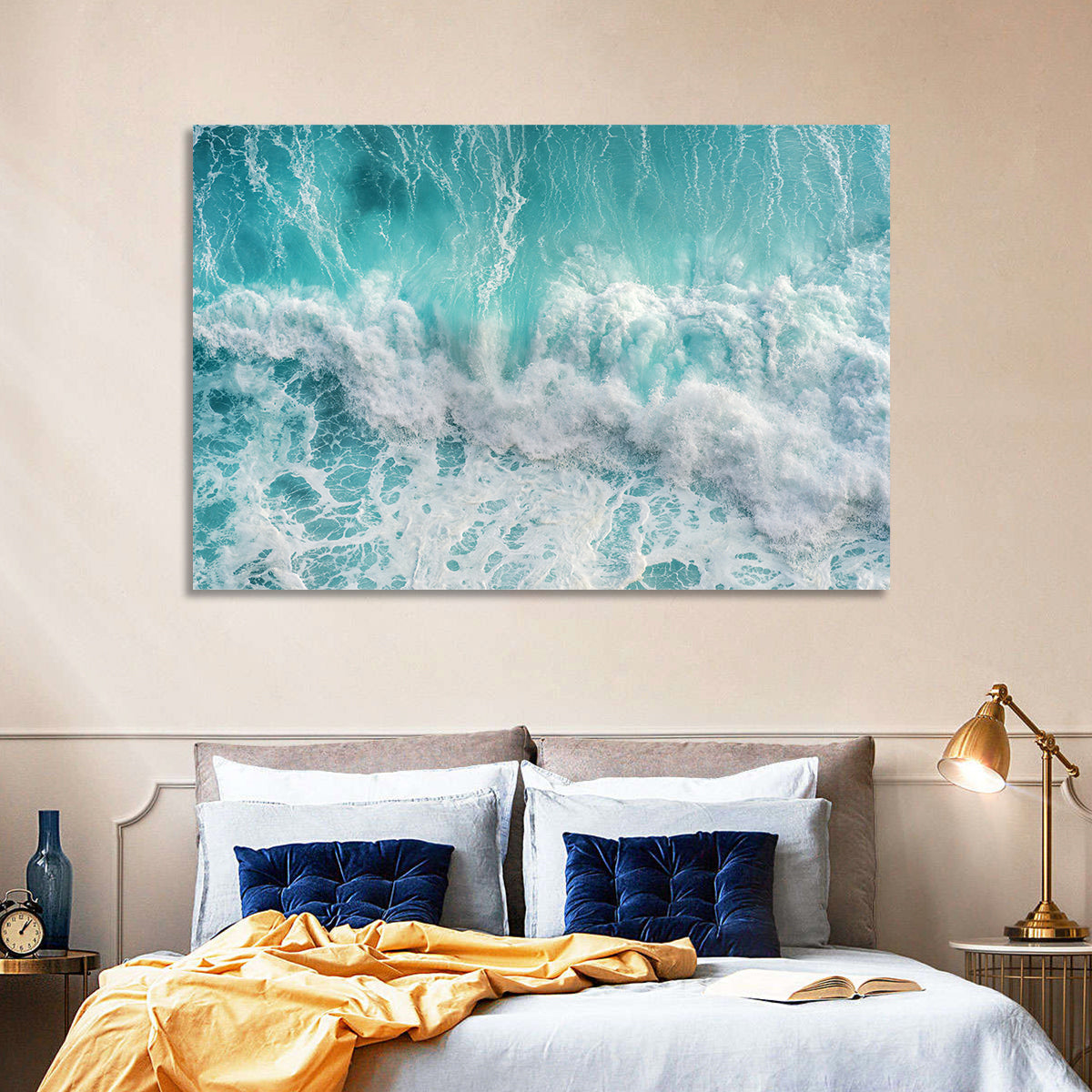 Top Down Turquoise Wave Wall Art in a room, landscape