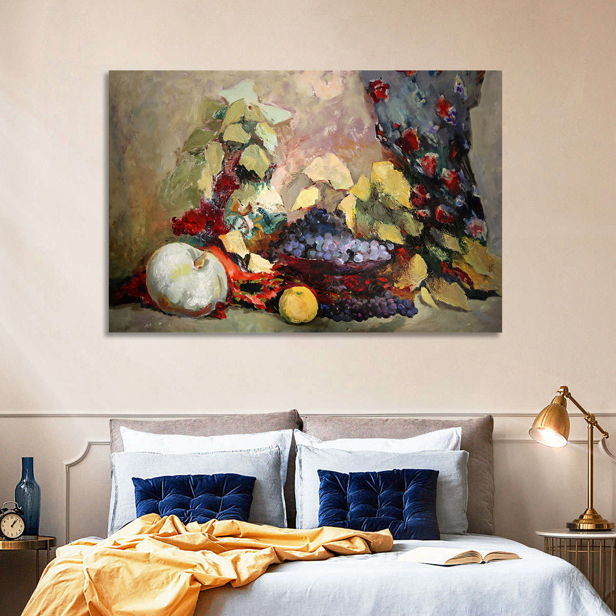Grapes and Melon Still Life Wall Art in a room, landscape