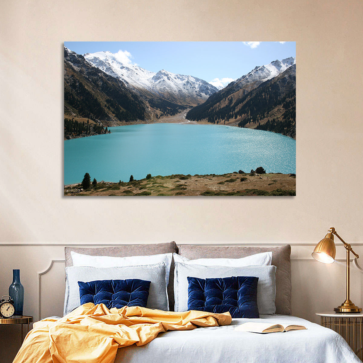 Big Almaty Lake Wall Art in a room, landscape