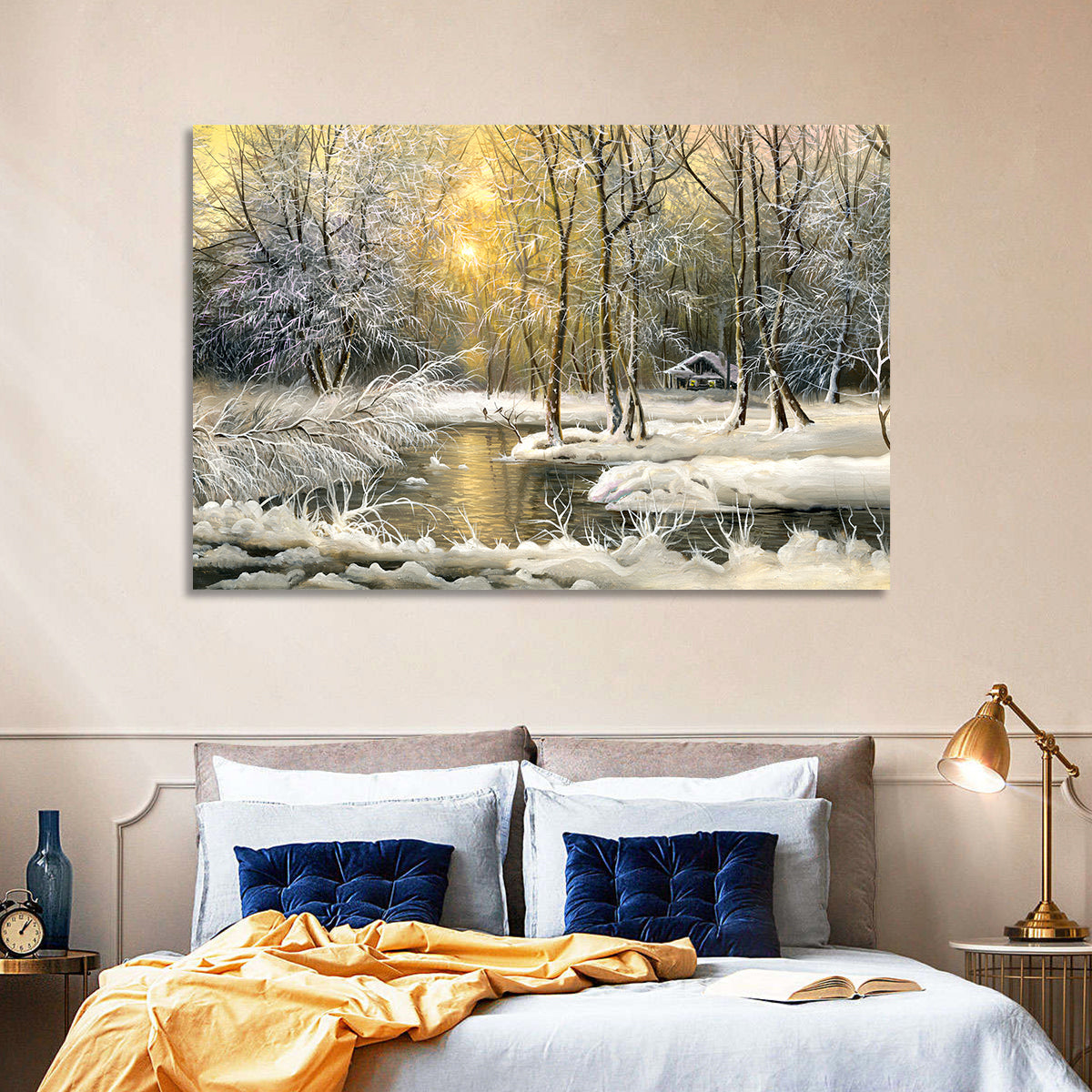 Sunlit Winter Cabin Wall Art in a room, landscape