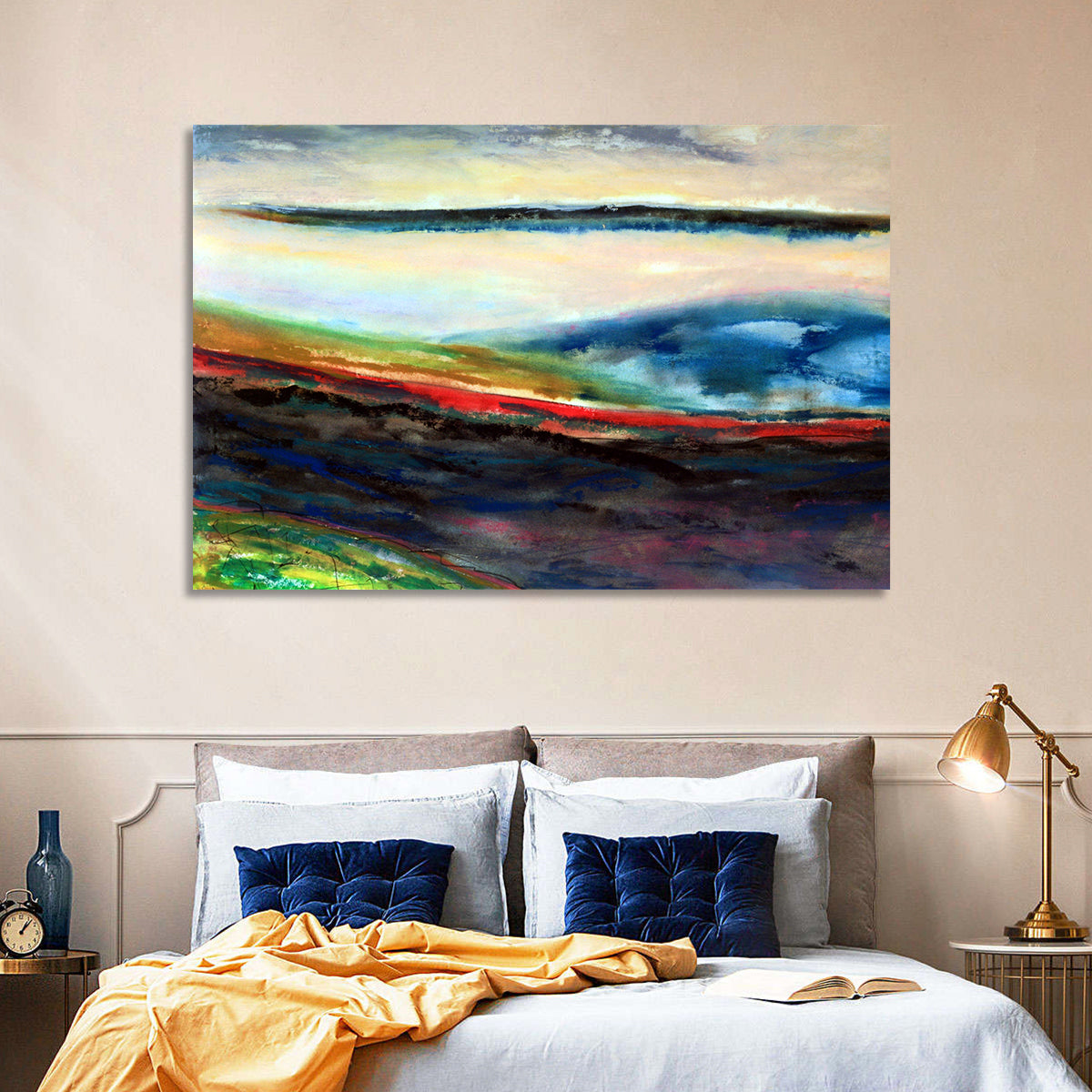 Moody Horizon Stripe Abstract Landscape Wall Art in a room, landscape