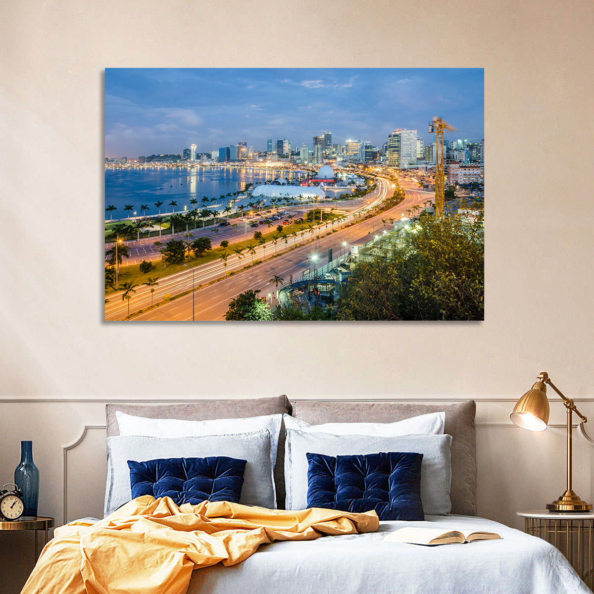 Luanda Bay Twilight Skyline Wall Art in a room, landscape
