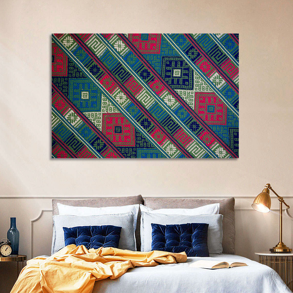 Handwoven Geometric Textile Wall Art in a room, landscape