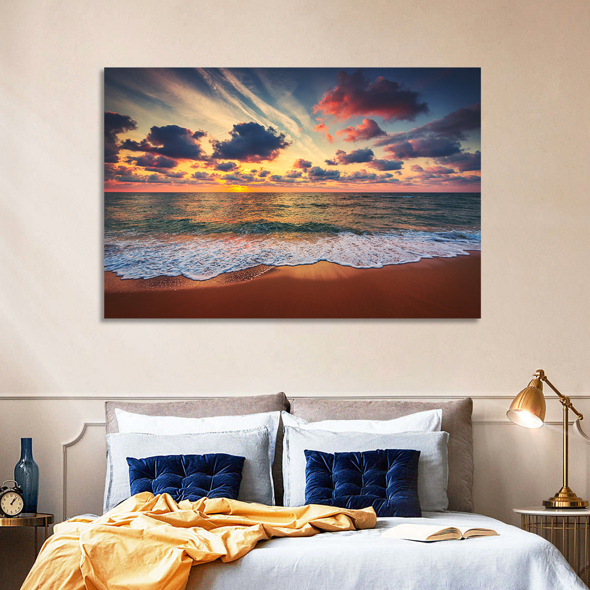 Golden Hour Beach Waves Under Cloudy Sky Wall Art in a room, landscape