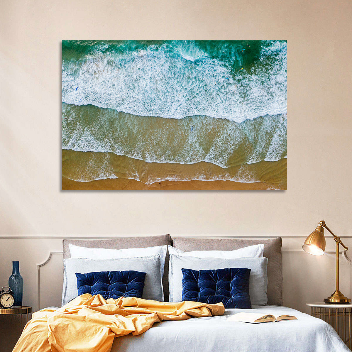 Aerial Teal Beach with Surfers Wall Art in a room, landscape