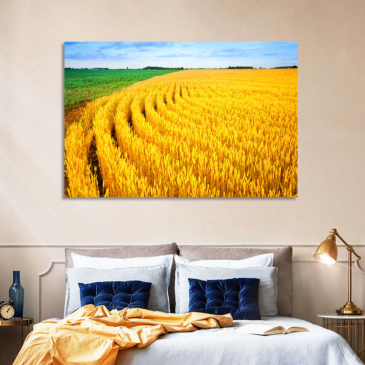 Summer Wheat Field with Curved Paths Wall Art in a room, landscape