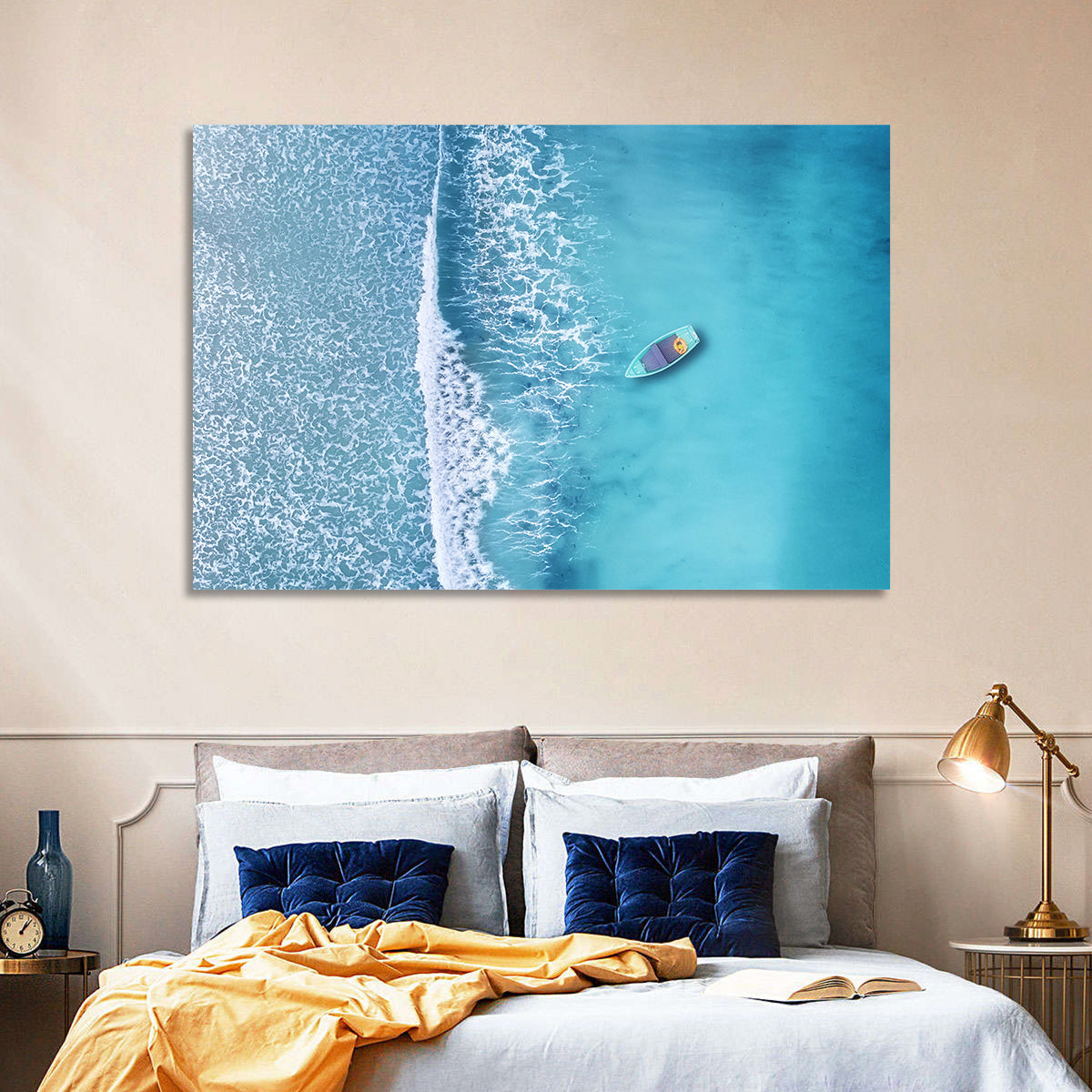 Lone Boat Over Turquoise Waves Wall Art in a room, landscape