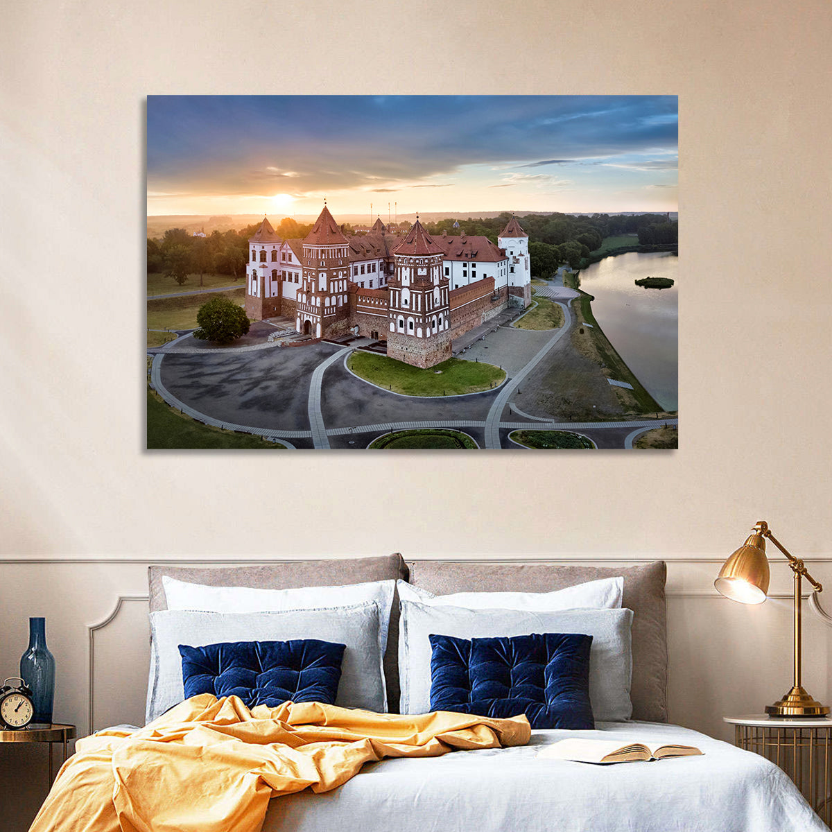 Mir Castle Sunrise Over Lake Wall Art in a room, landscape