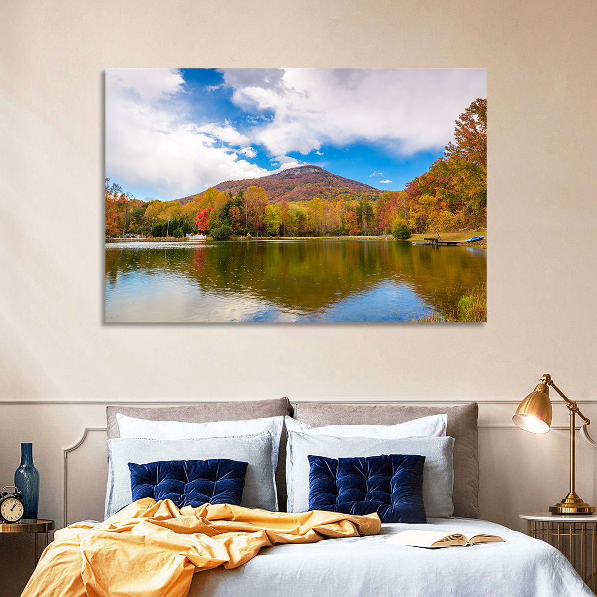 Yonah Mountain Autumn Reflection Wall Art in a room, landscape