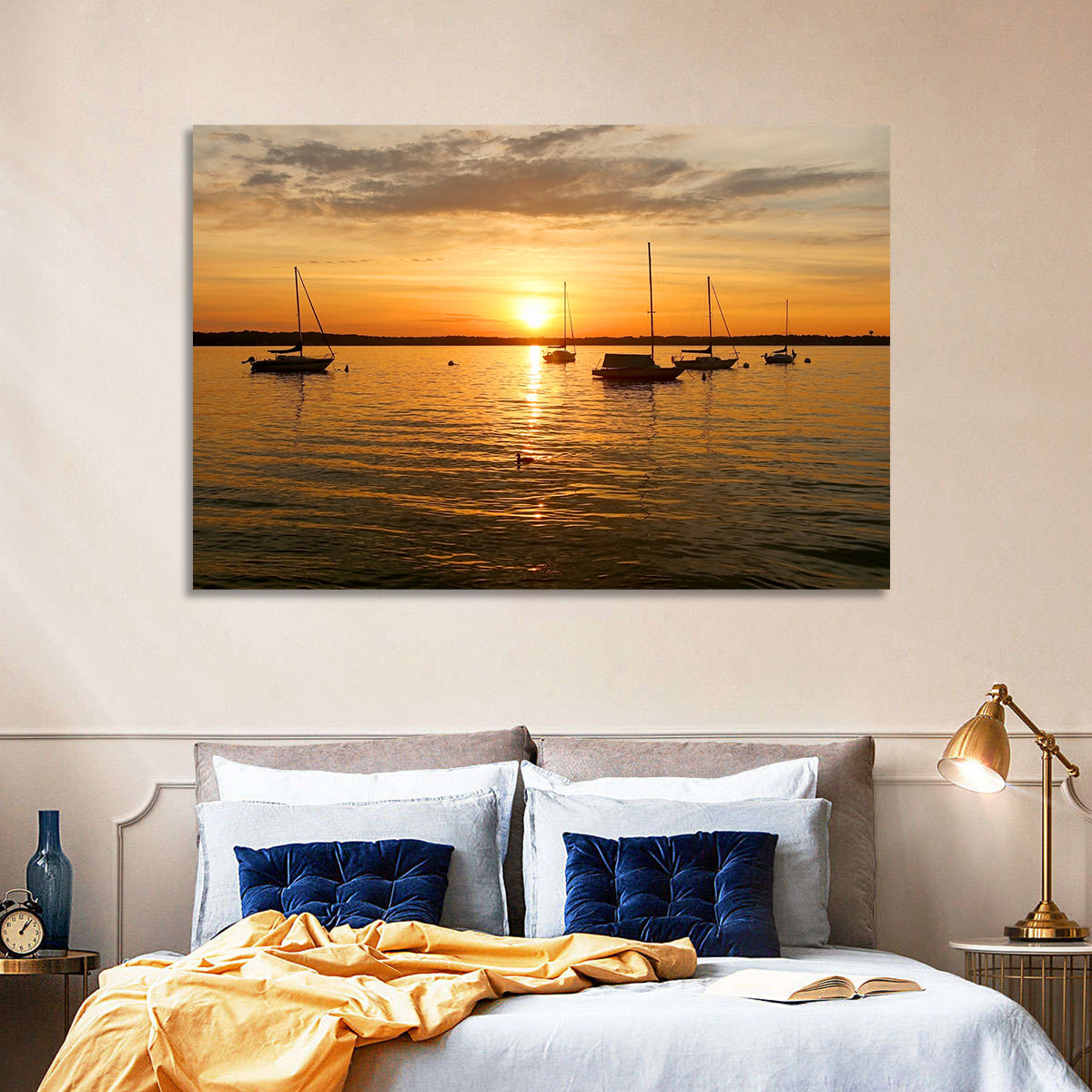 Lake Mendota Golden Sailboats Wall Art in a room, landscape