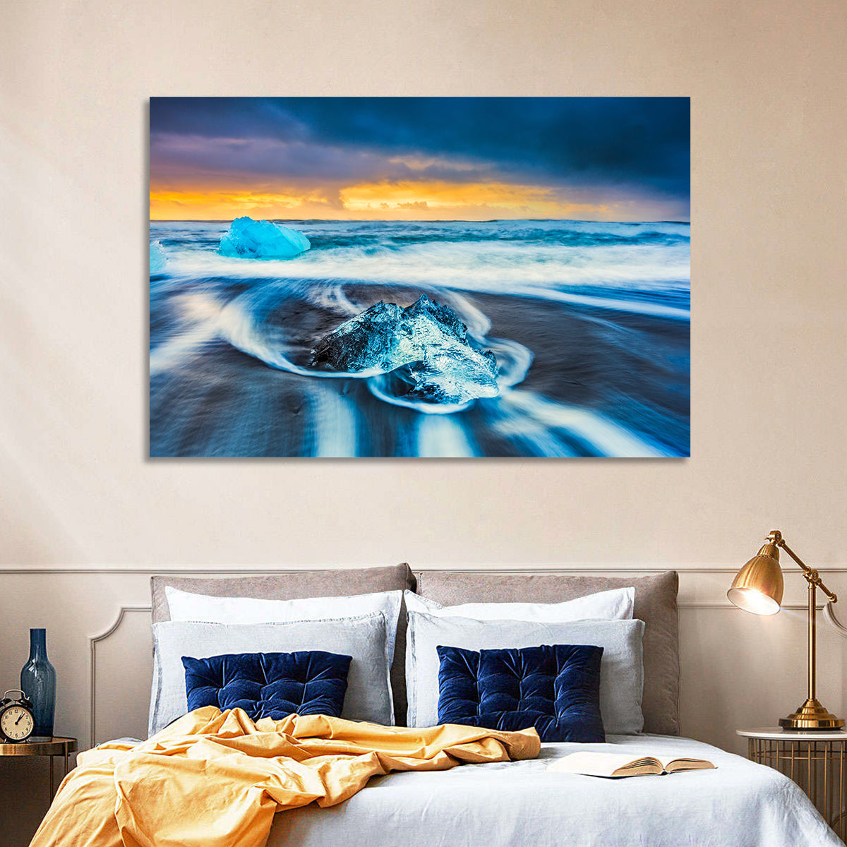 Diamond Beach Ice at Dusk Wall Art in a room, landscape