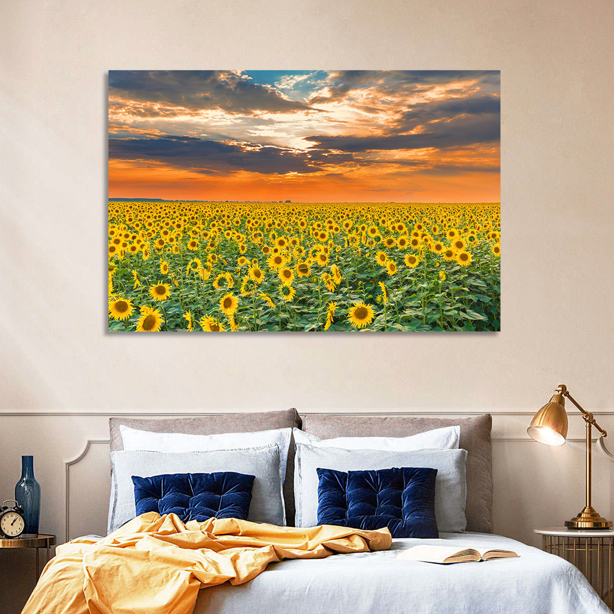 Golden Hour Sunflower Field Wall Art in a room, landscape