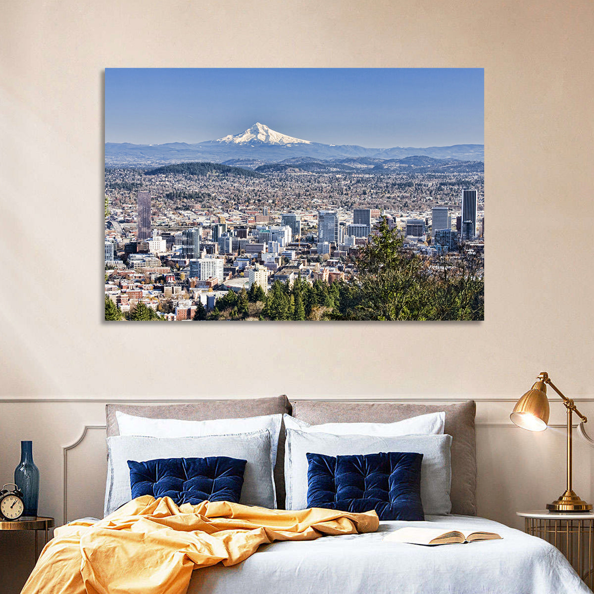Portland Skyline with Mount Hood Wall Art in a room, landscape