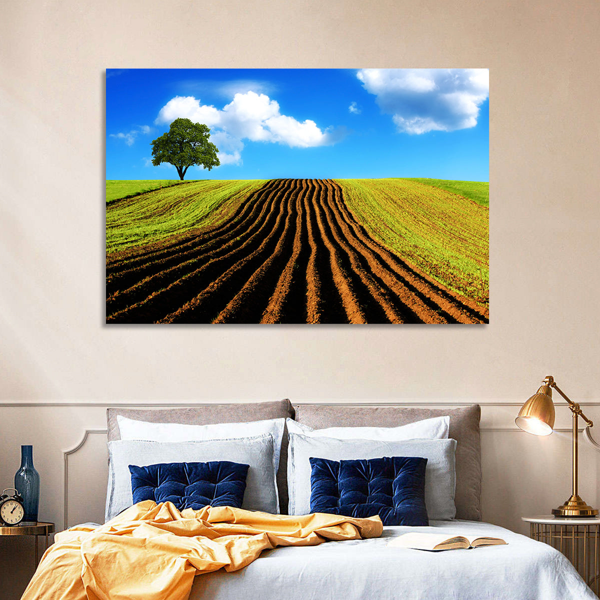 Plowed Field with Lone Tree Wall Art in a room, landscape