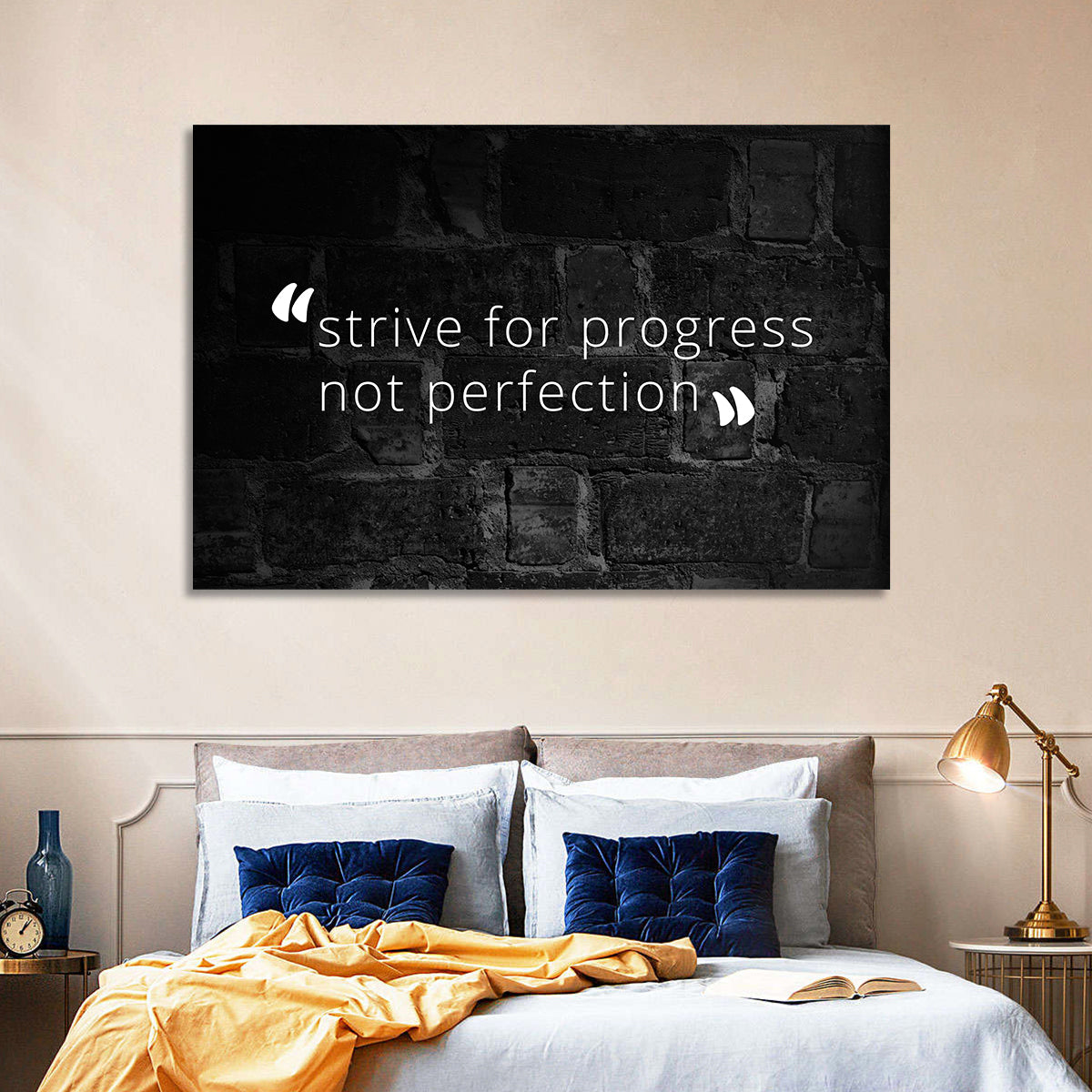 Strive for Progress Brick Typography Wall Art in a room, landscape