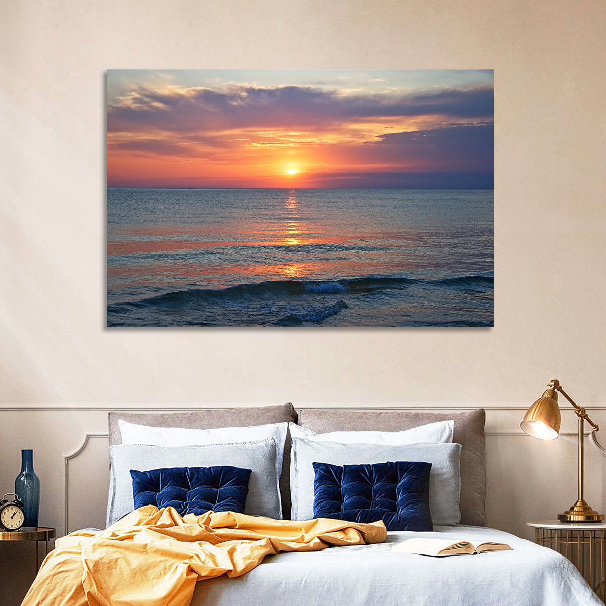 Lake Michigan Sunset Reflection Wall Art in a room, landscape