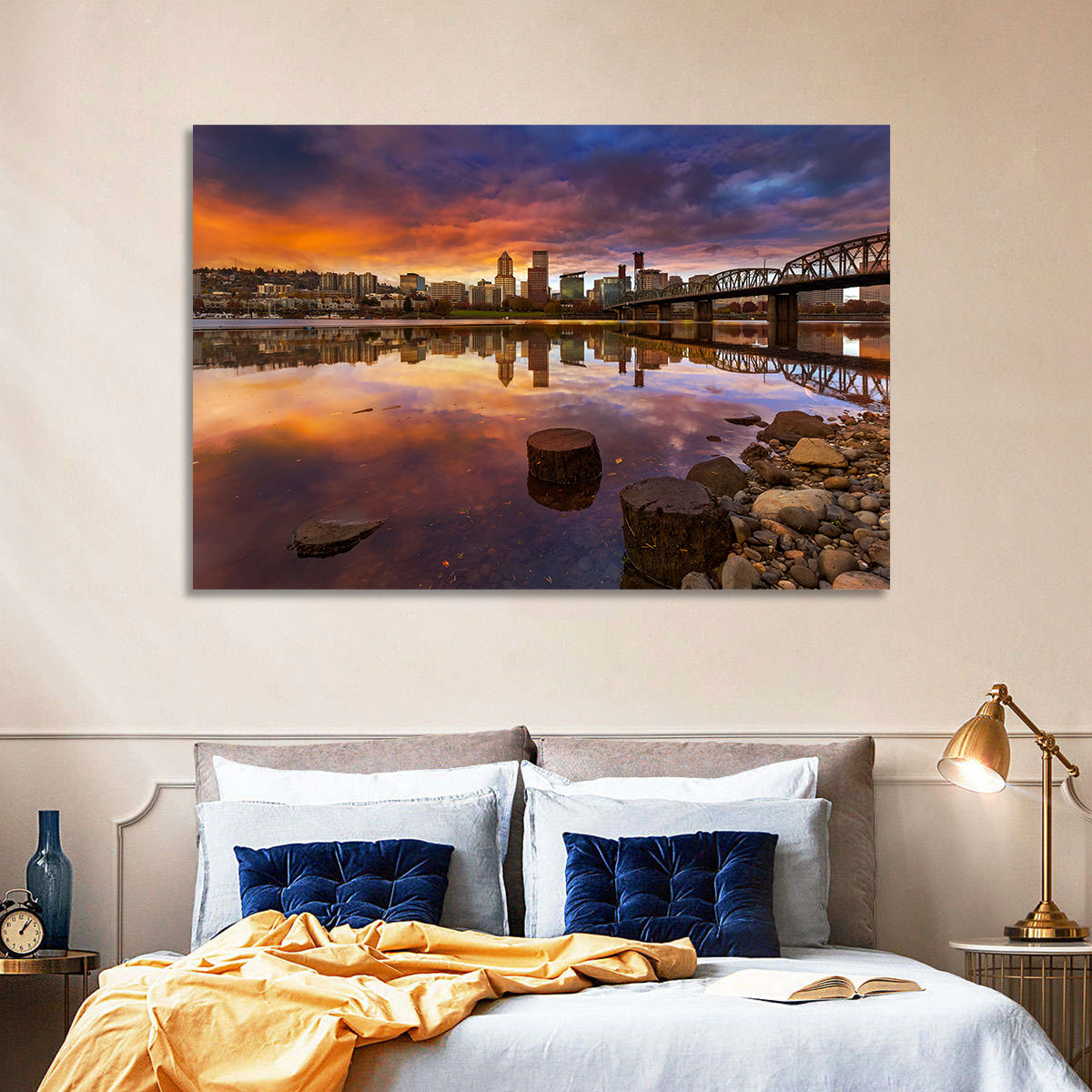 Portland Skyline at Sunset Wall Art in a room, landscape