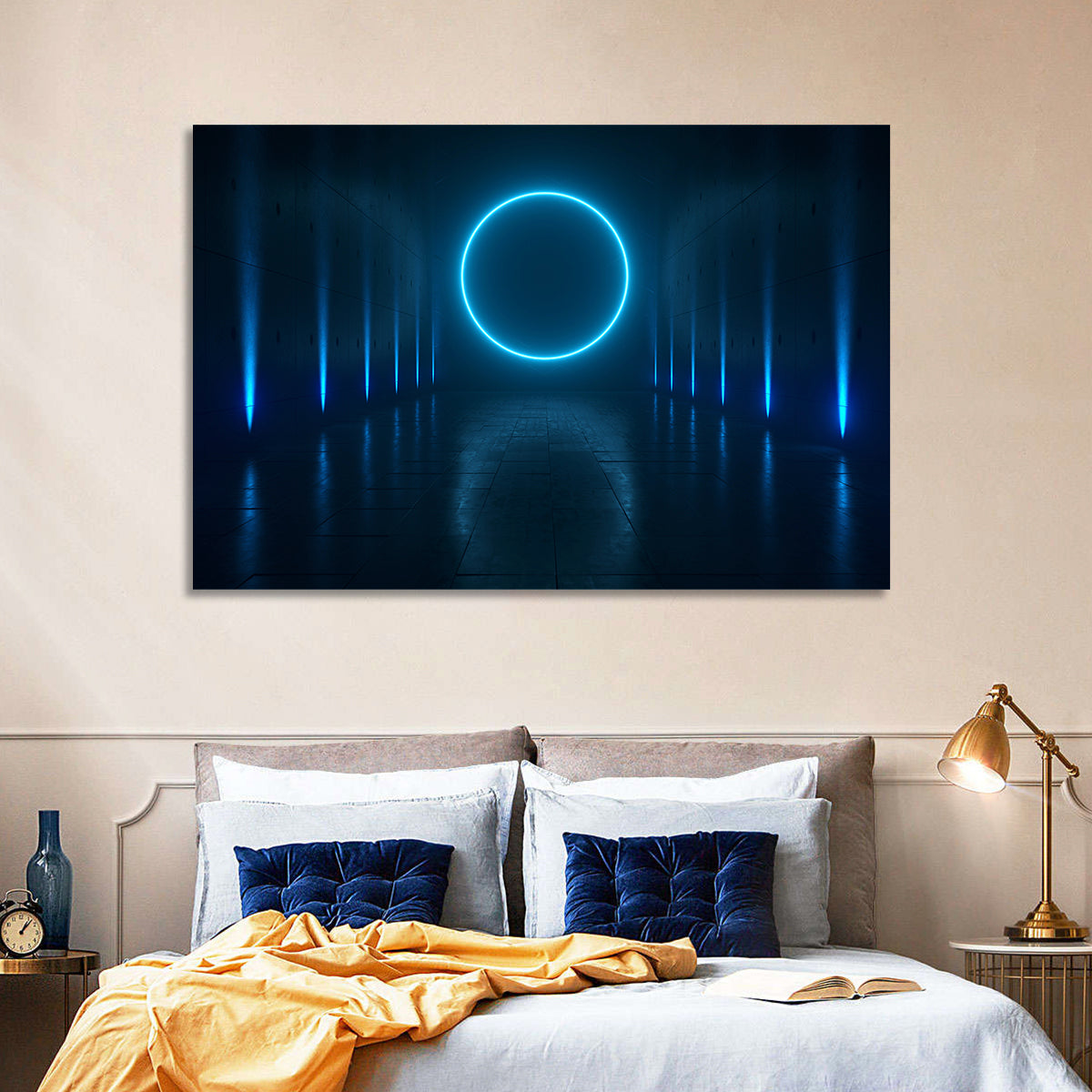 Glowing Neon Corridor Wall Art in a room, landscape