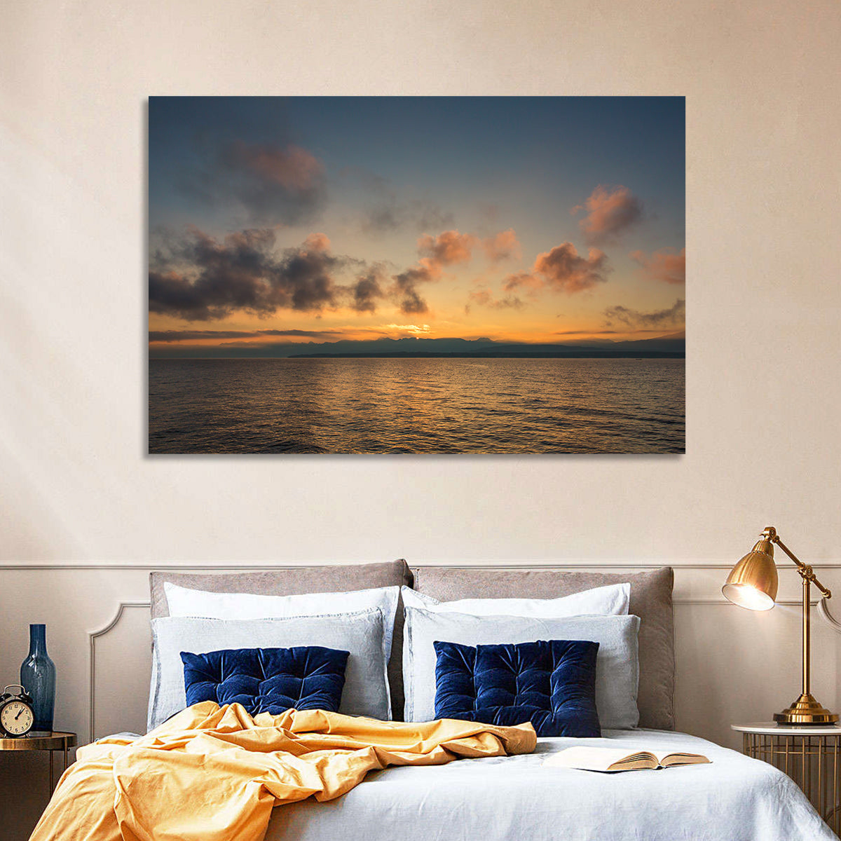 Lake Leman Golden Sunset Wall Art in a room, landscape