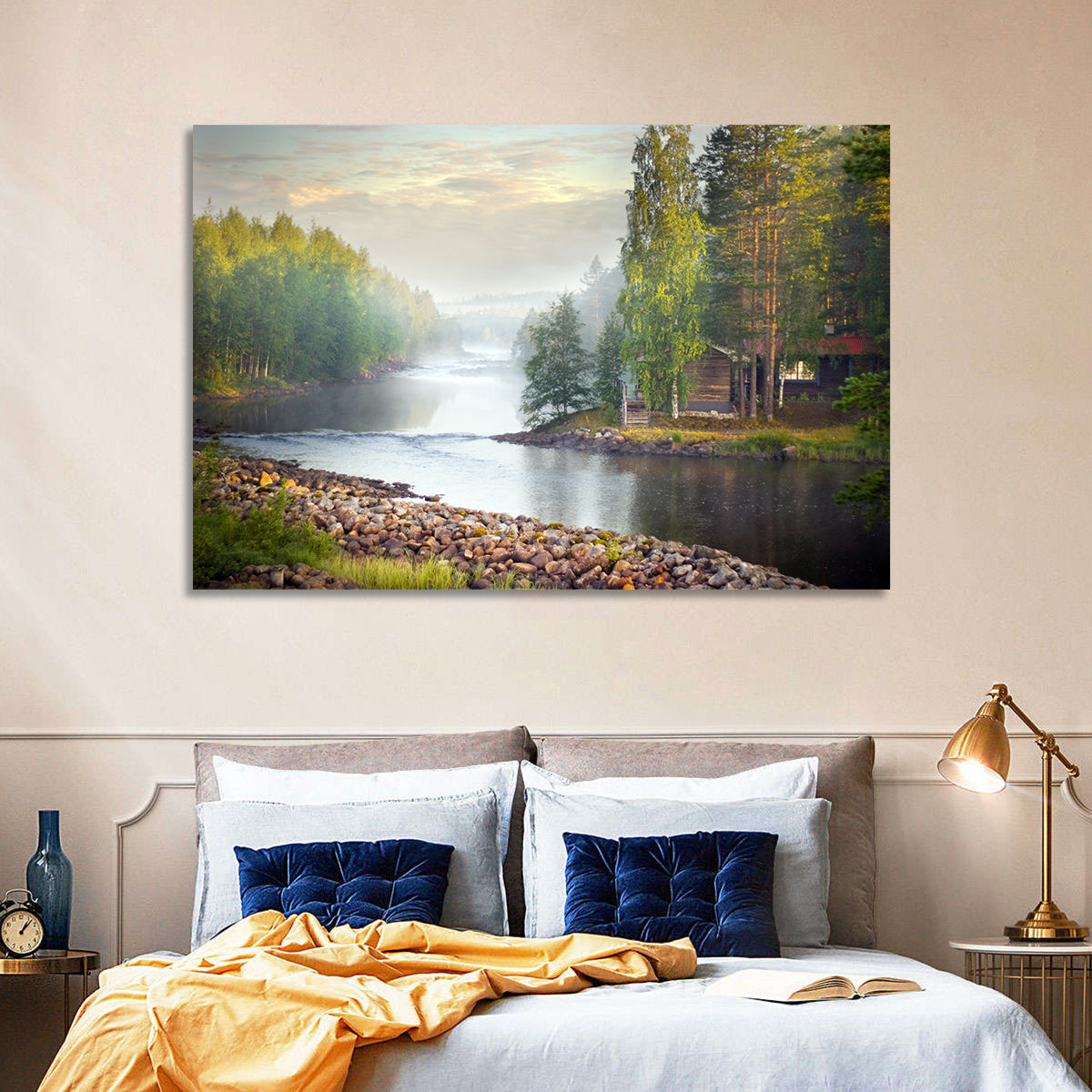 Misty River with Red Roof Cabin Wall Art