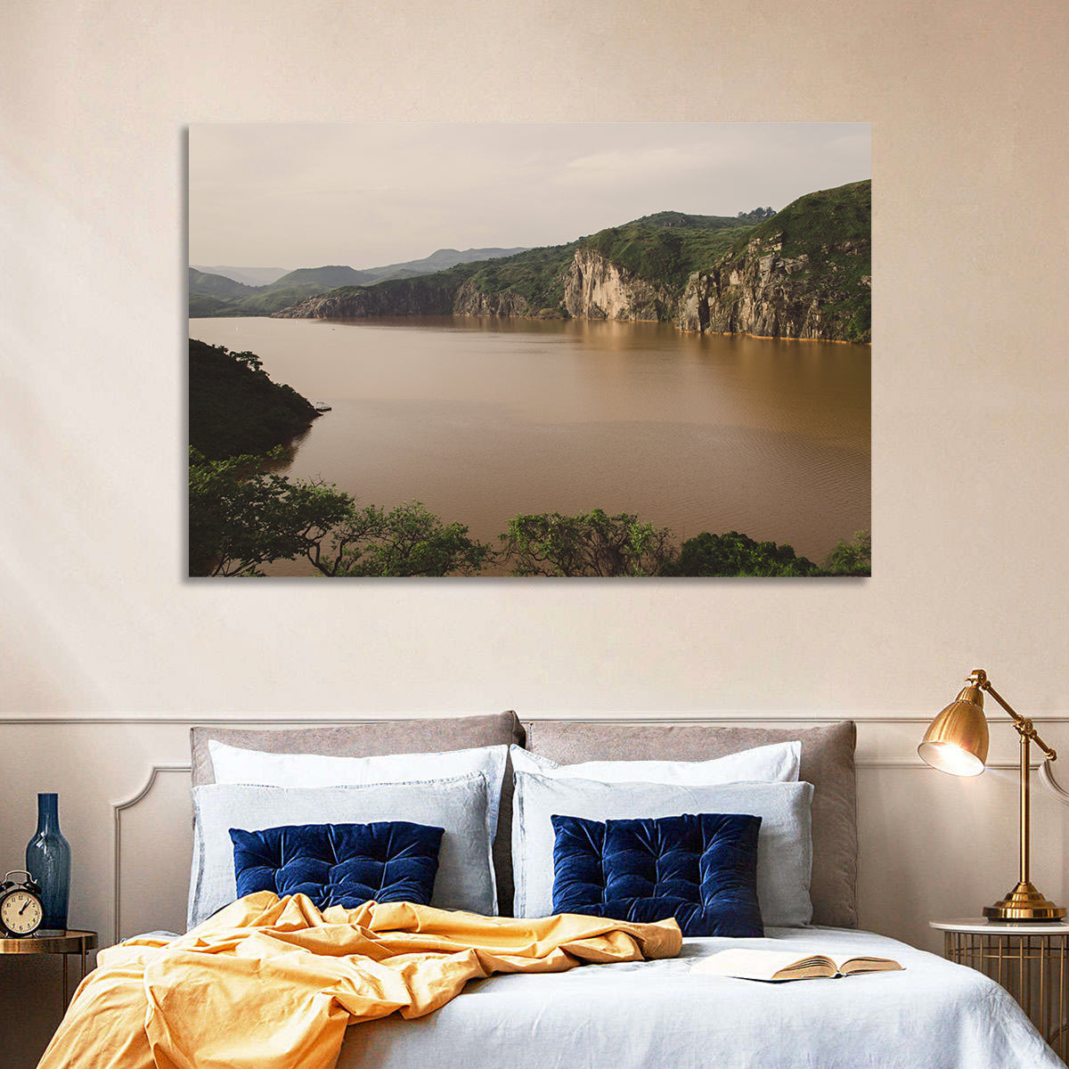 Lake Nyos Cliff View Wall Art in a room, landscape