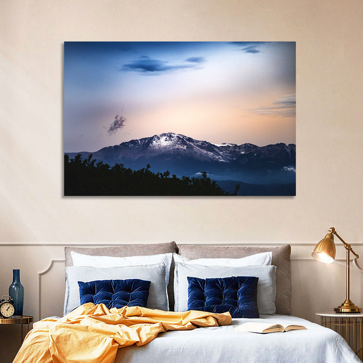 Snow-capped Pikes Peak at Dusk Wall Art in a room, landscape
