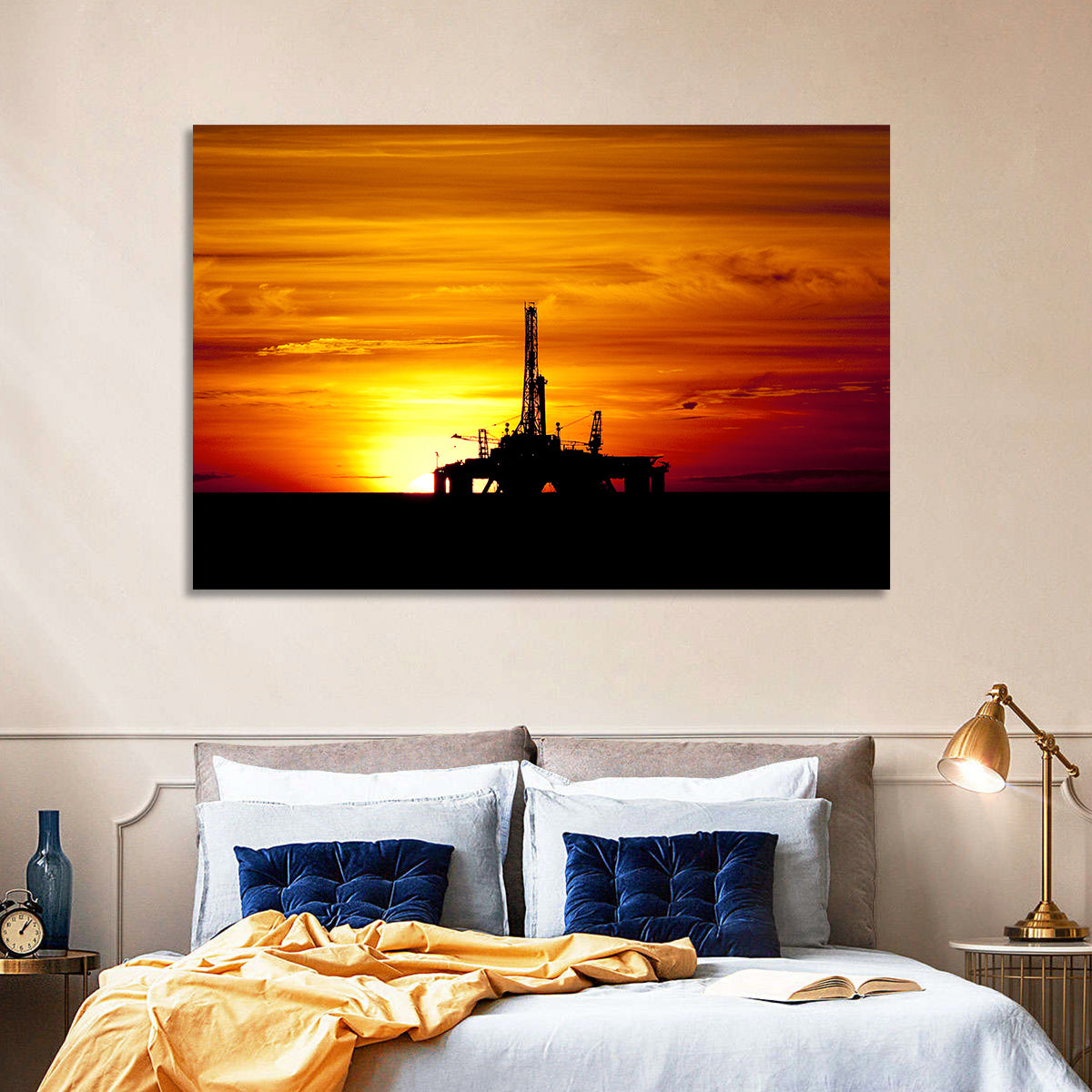 Offshore Oil Rig at Sunset Wall Art in a room, landscape