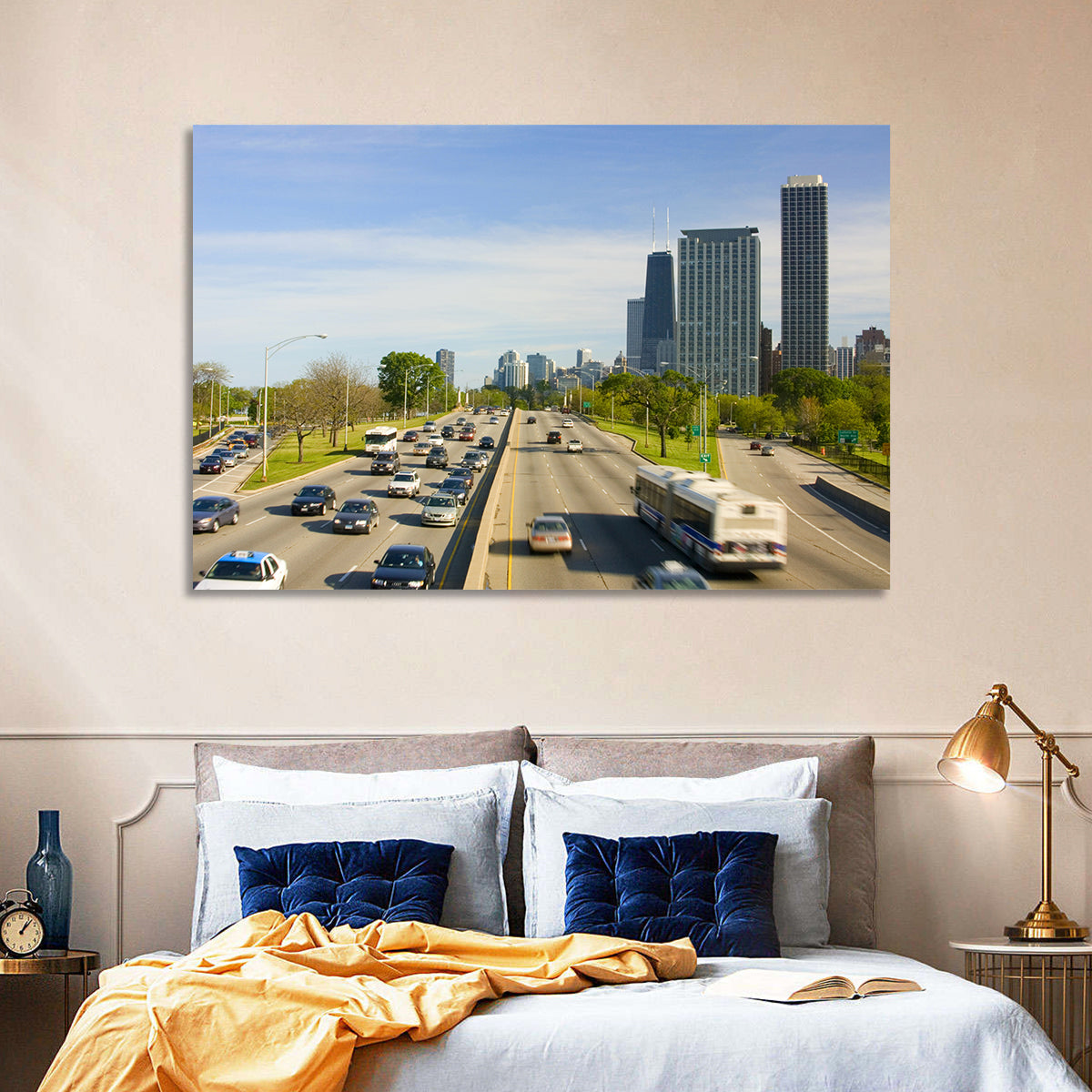 Chicago Expressway Toward Downtown Skyline Wall Art in a room, landscape