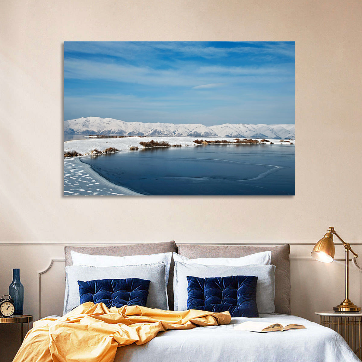 Lake Sevan Winter Landscape Wall Art in a room, landscape